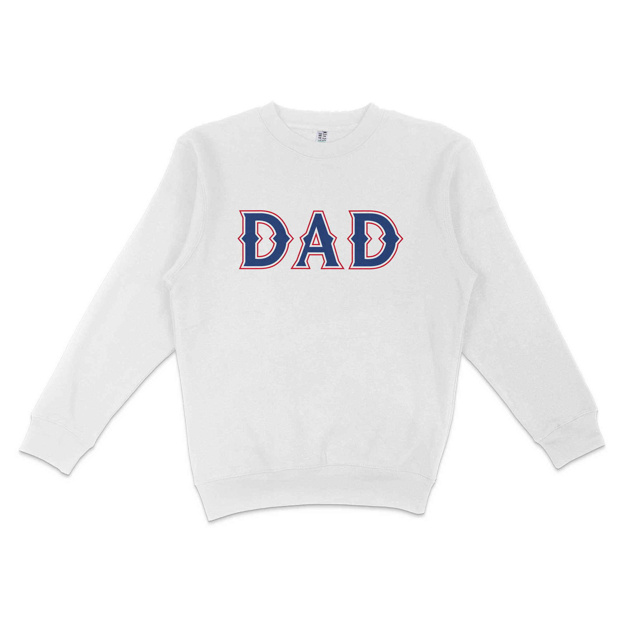 White crewneck sweatshirt with "DAD" in bold navy and red outlined letters, perfect for Texas baseball dad supporters.