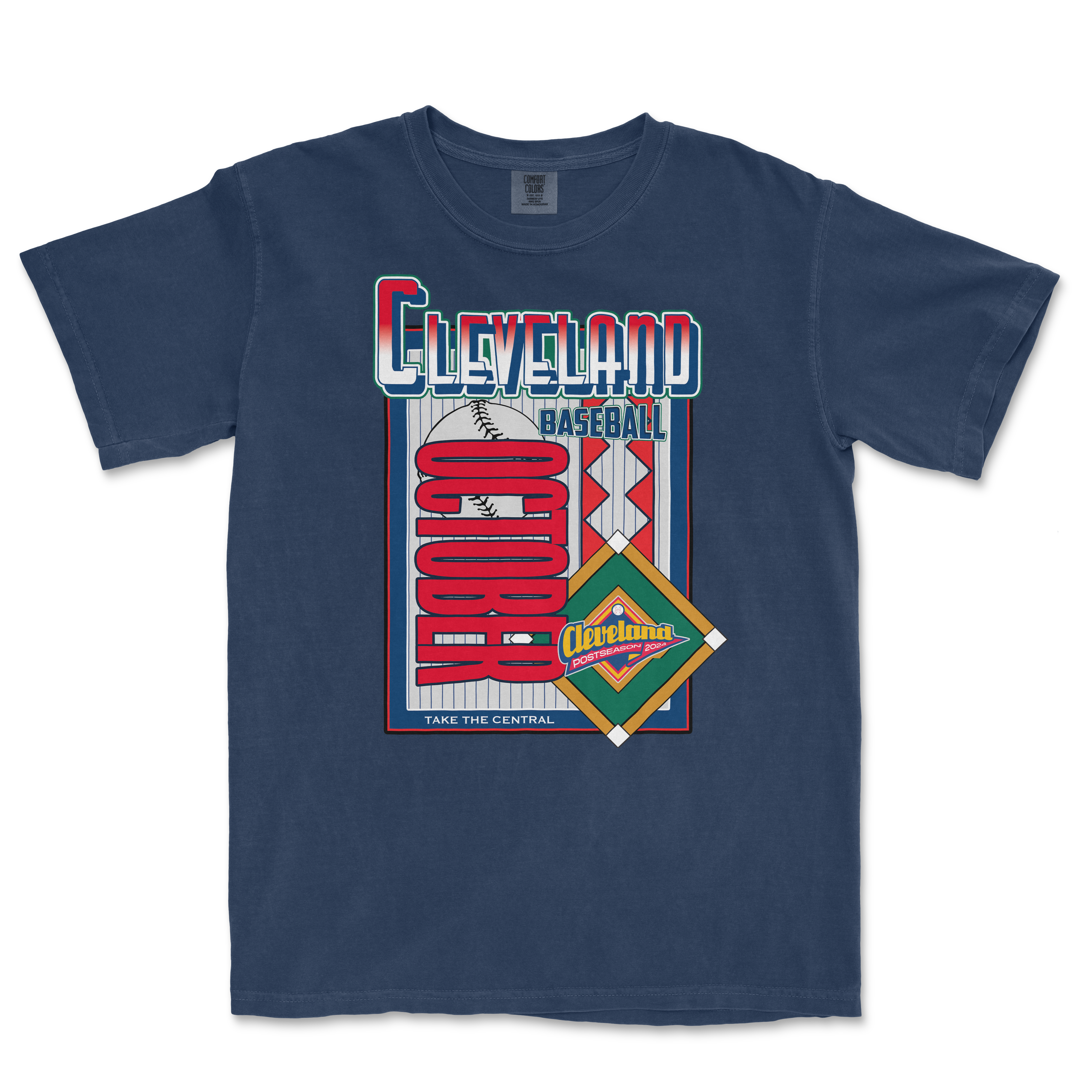 Navy Comfort Colors T-shirt featuring a Cleveland baseball theme with colorful graphics, text, and a baseball illustration.