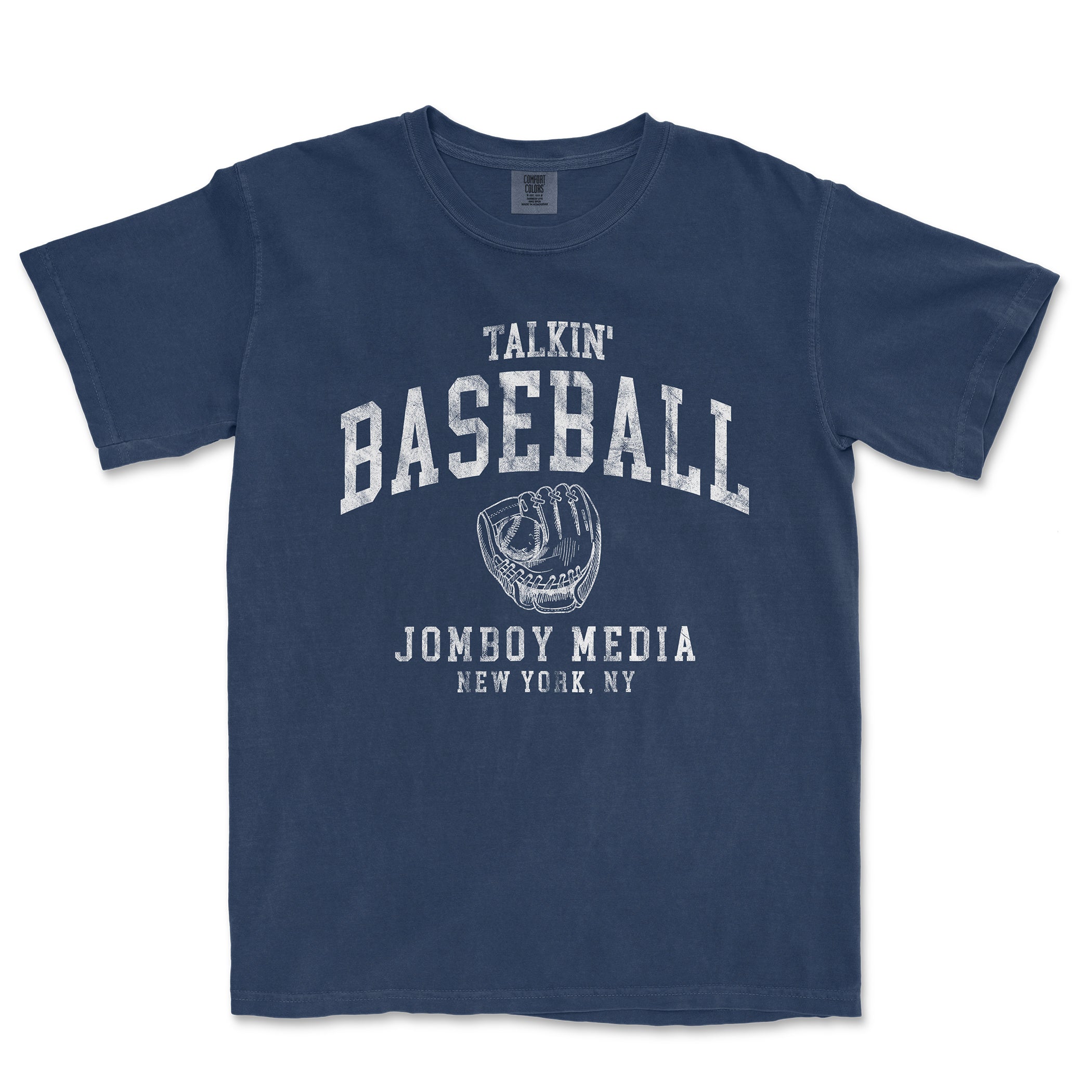 Blue T-shirt with "Talkin' Baseball 90's Edition" text, a baseball glove illustration, and "Jombo Media, New York, NY" printed below.
