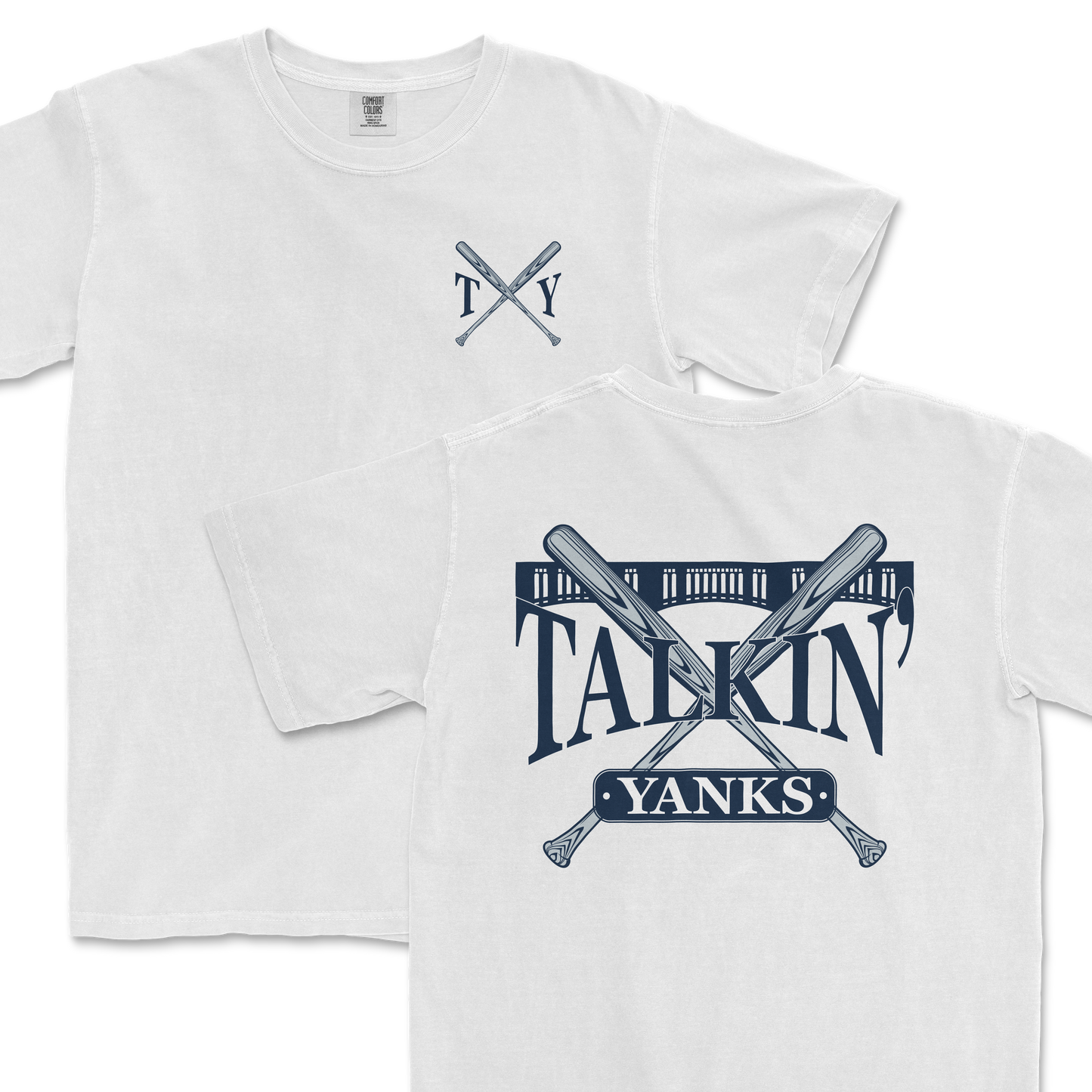 Alt text: Two white Comfort Colors t-shirts featuring the '97 Inspired Talkin' Yanks design; one displayed in full with a large graphic on the back depicting crossed baseball bats, a baseball, and the words "Talkin' Yanks"