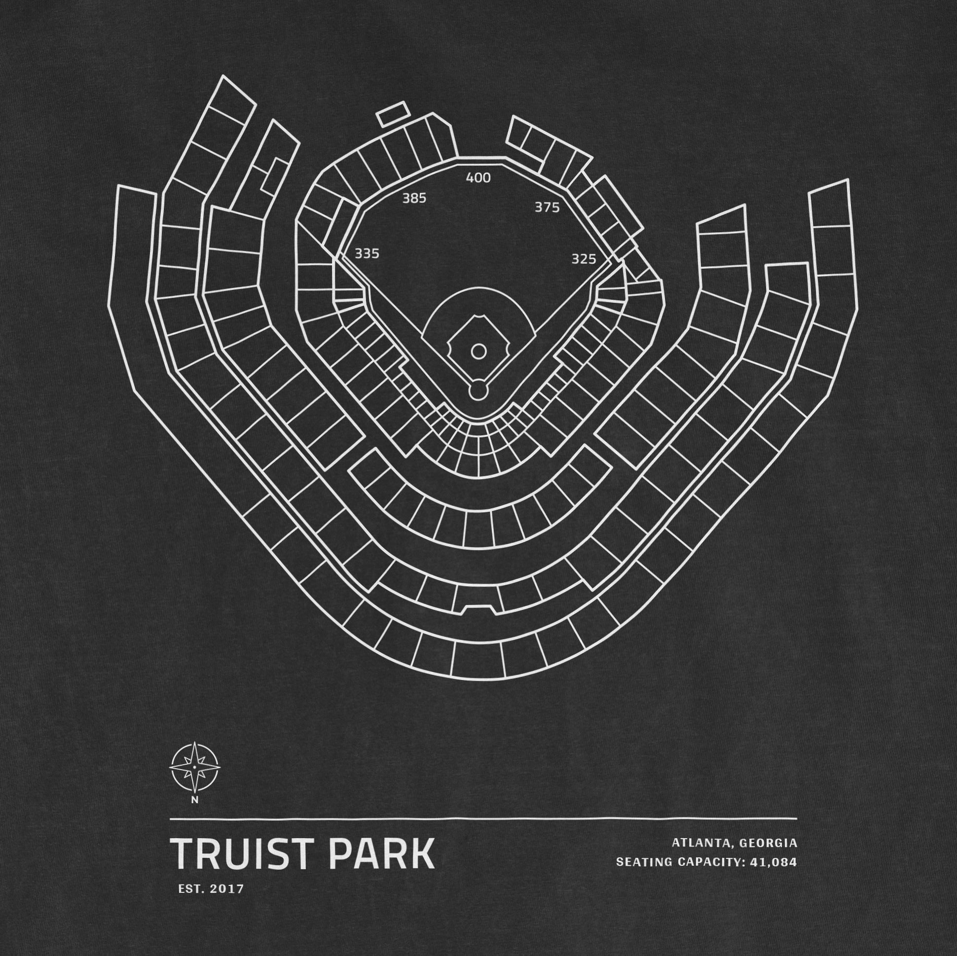 Diagram of Truist Park stadium seating layout with sections, field, and seating capacity in Atlanta, Georgia.