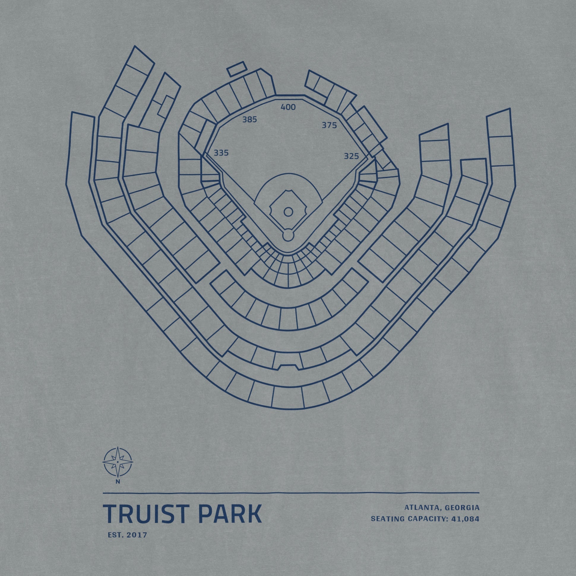 Blueprint-style illustration of Truist Park stadium seating layout with capacity details, located in Atlanta, Georgia.