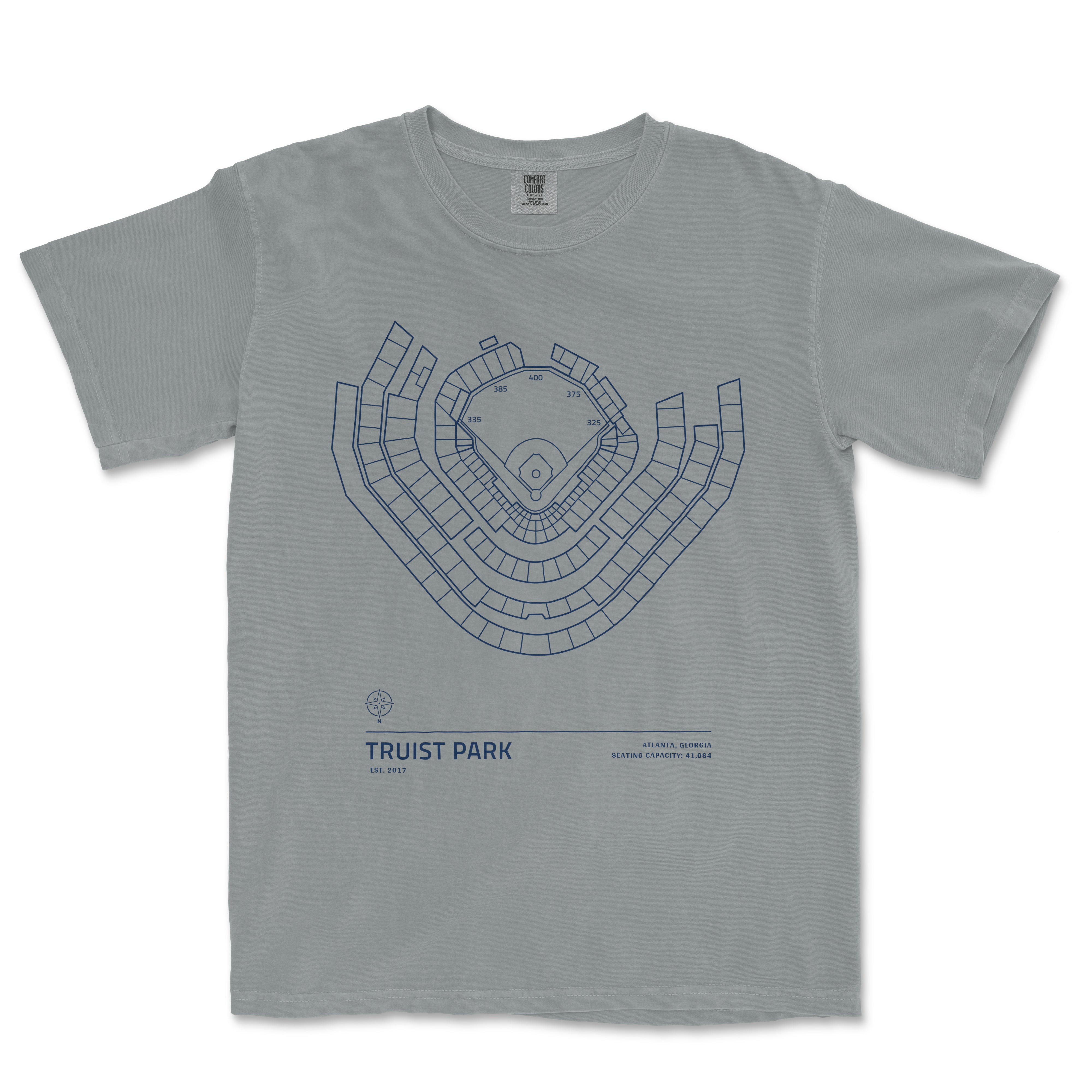 Gray T-shirt featuring a blue line drawing of Truist Park stadium seating chart, with location details and seating capacity.