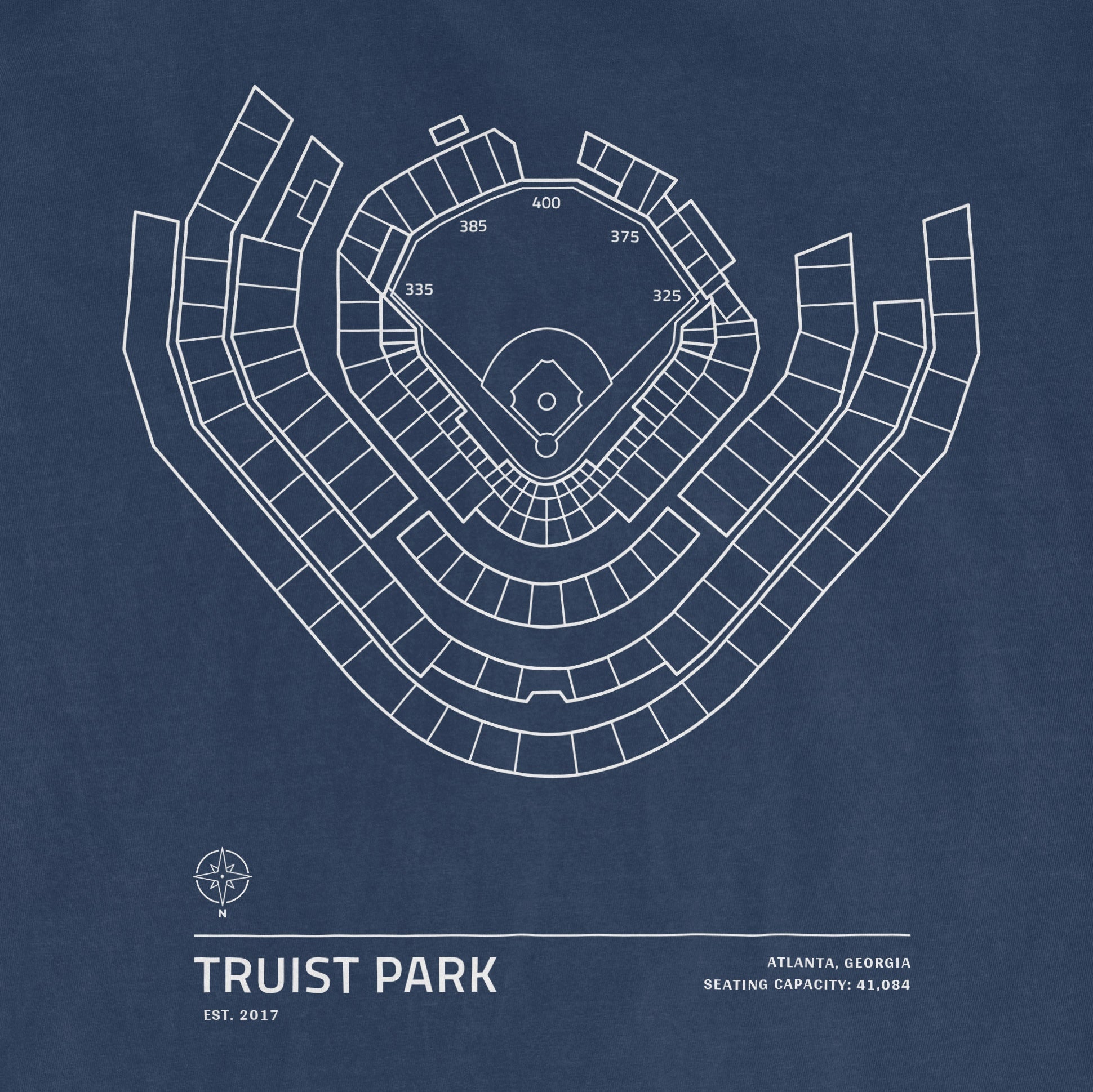 Blueprint-style diagram of Truist Park stadium seating layout, with capacity details and location in Atlanta, Georgia.