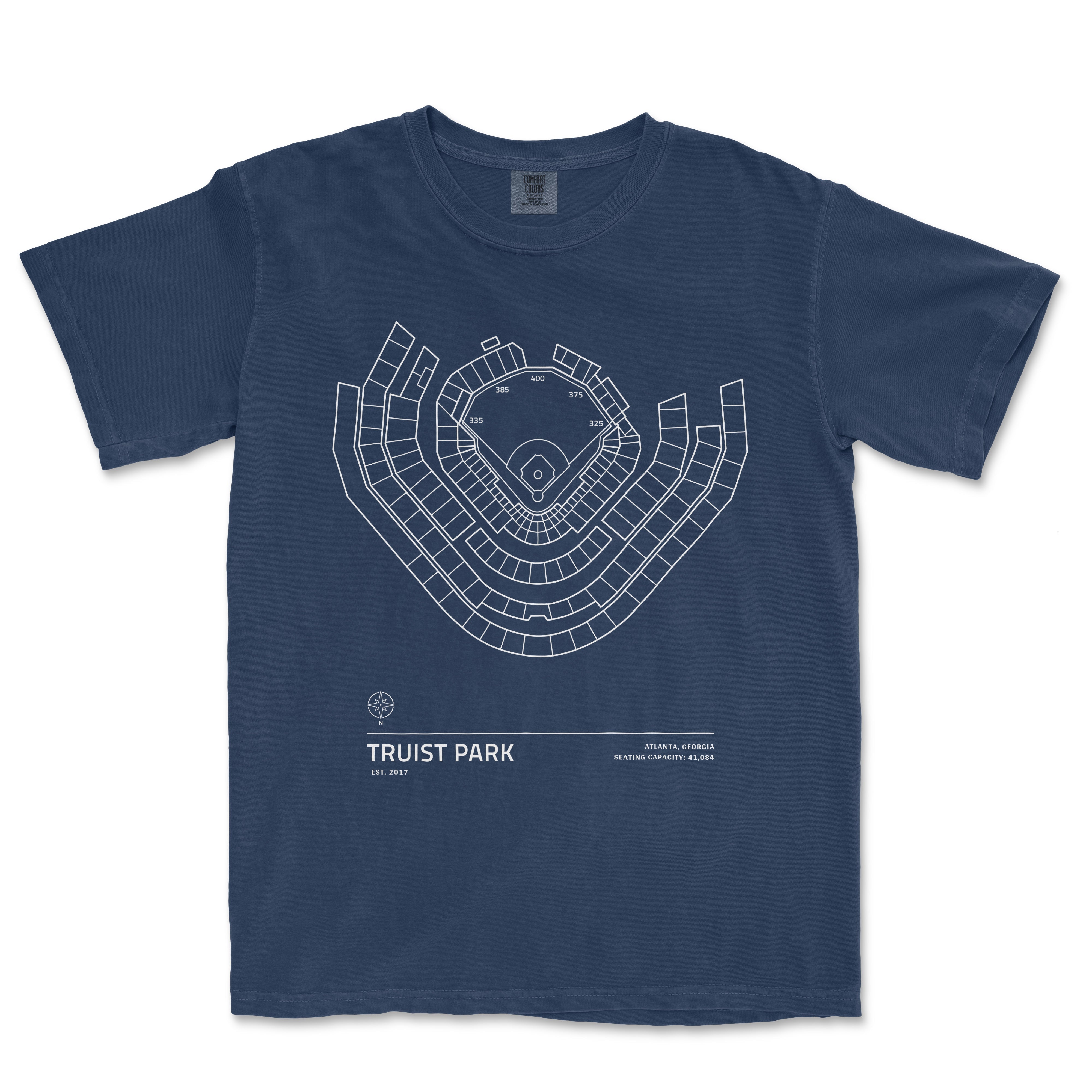 Blue T-shirt featuring a white line drawing of Truist Park stadium seating chart, with location details and capacity info.