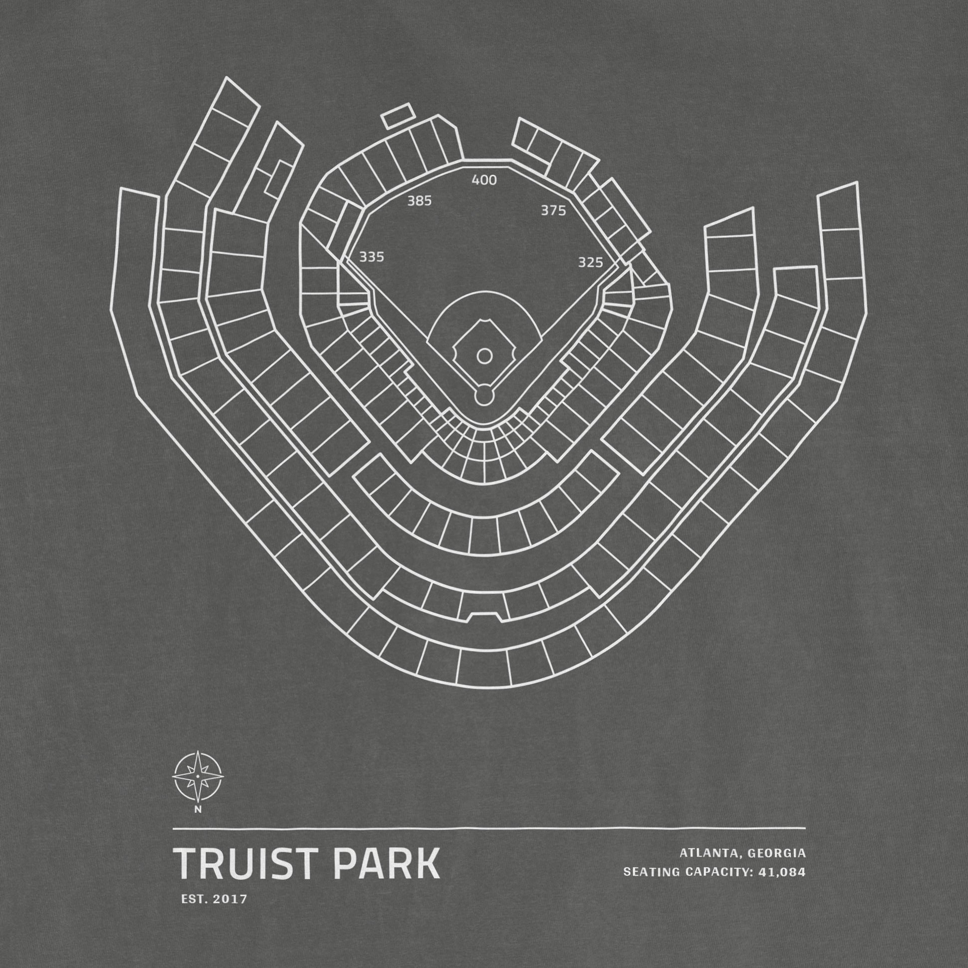 Outline of Truist Park stadium seating chart with sections, field, and seating capacity info, on a gray background.