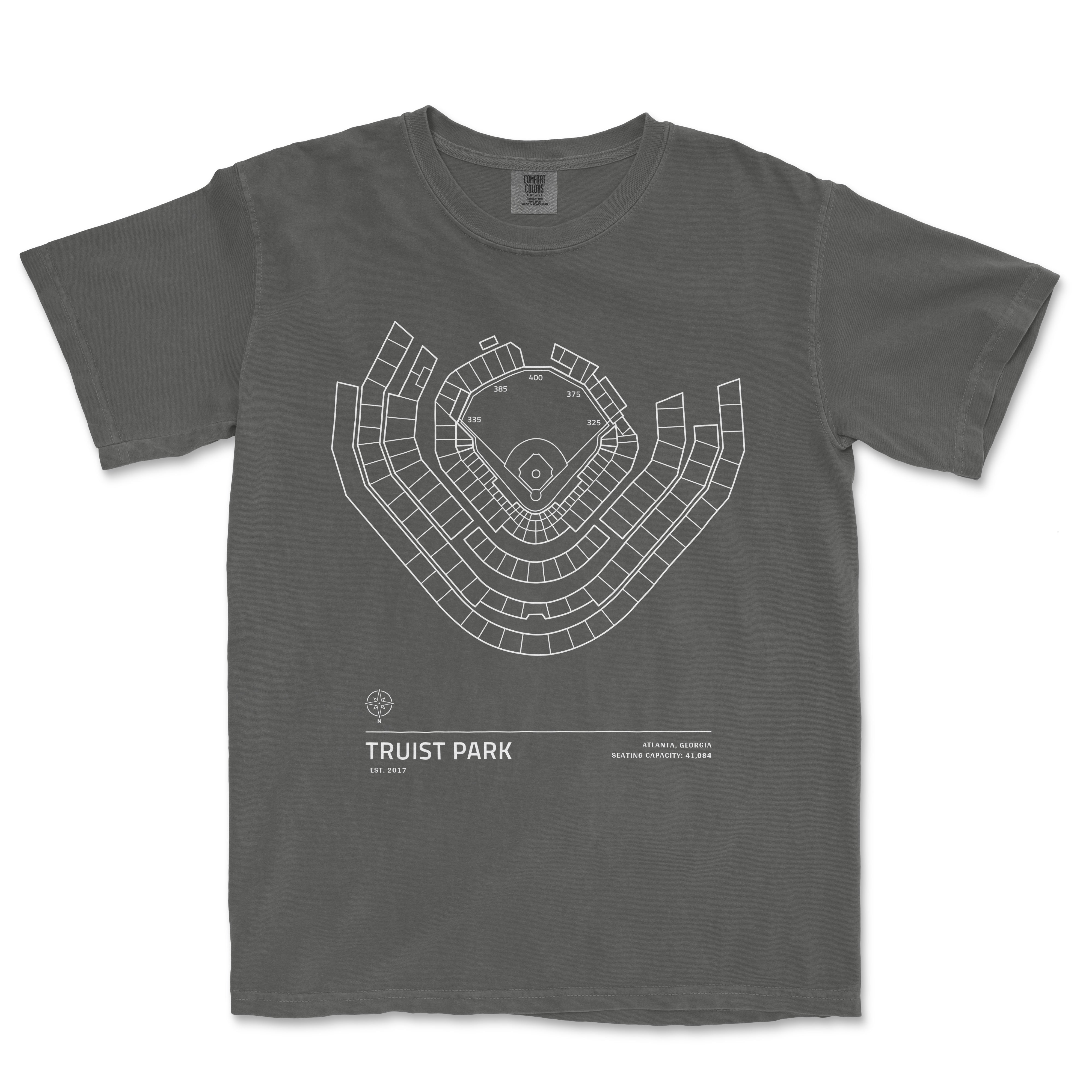 Gray T-shirt featuring a white line drawing of Truist Park stadium seating chart, with location details and capacity info.