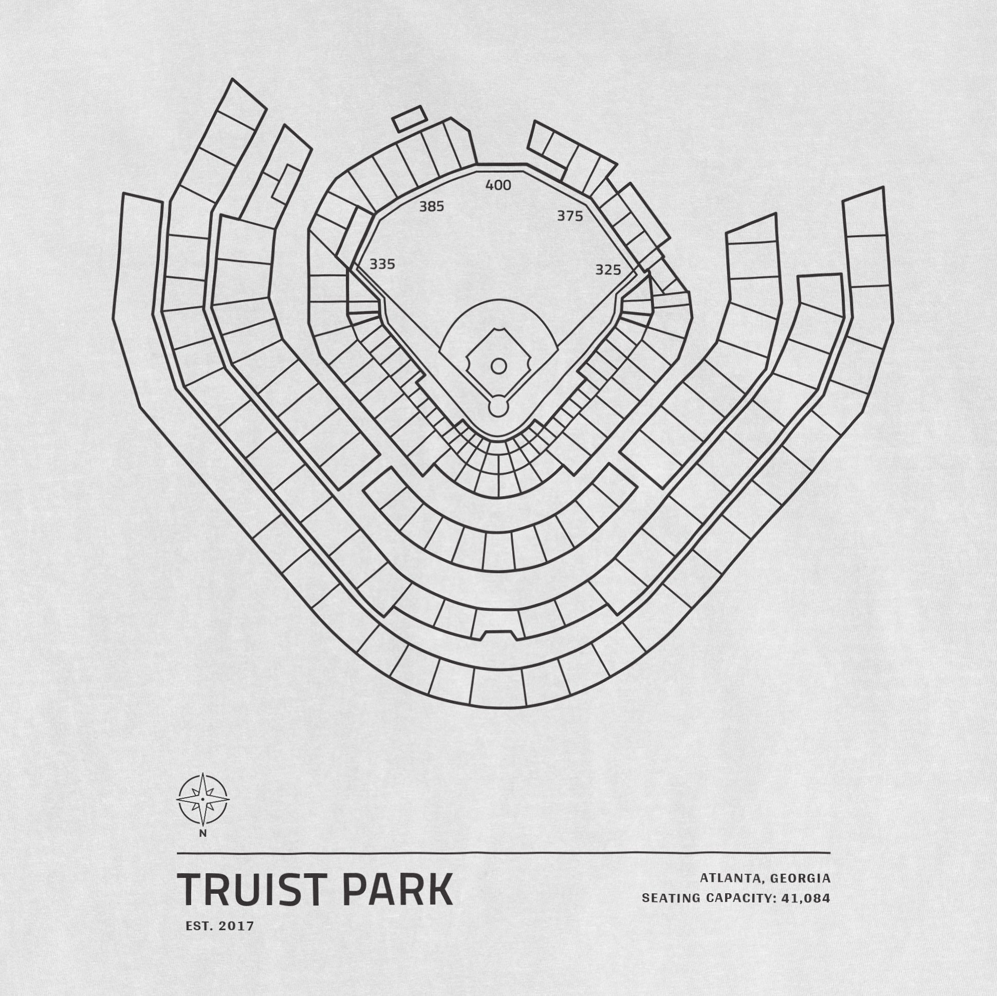 Black and white stadium seating chart of Truist Park in Atlanta, Georgia, with a seating capacity of 41,084.