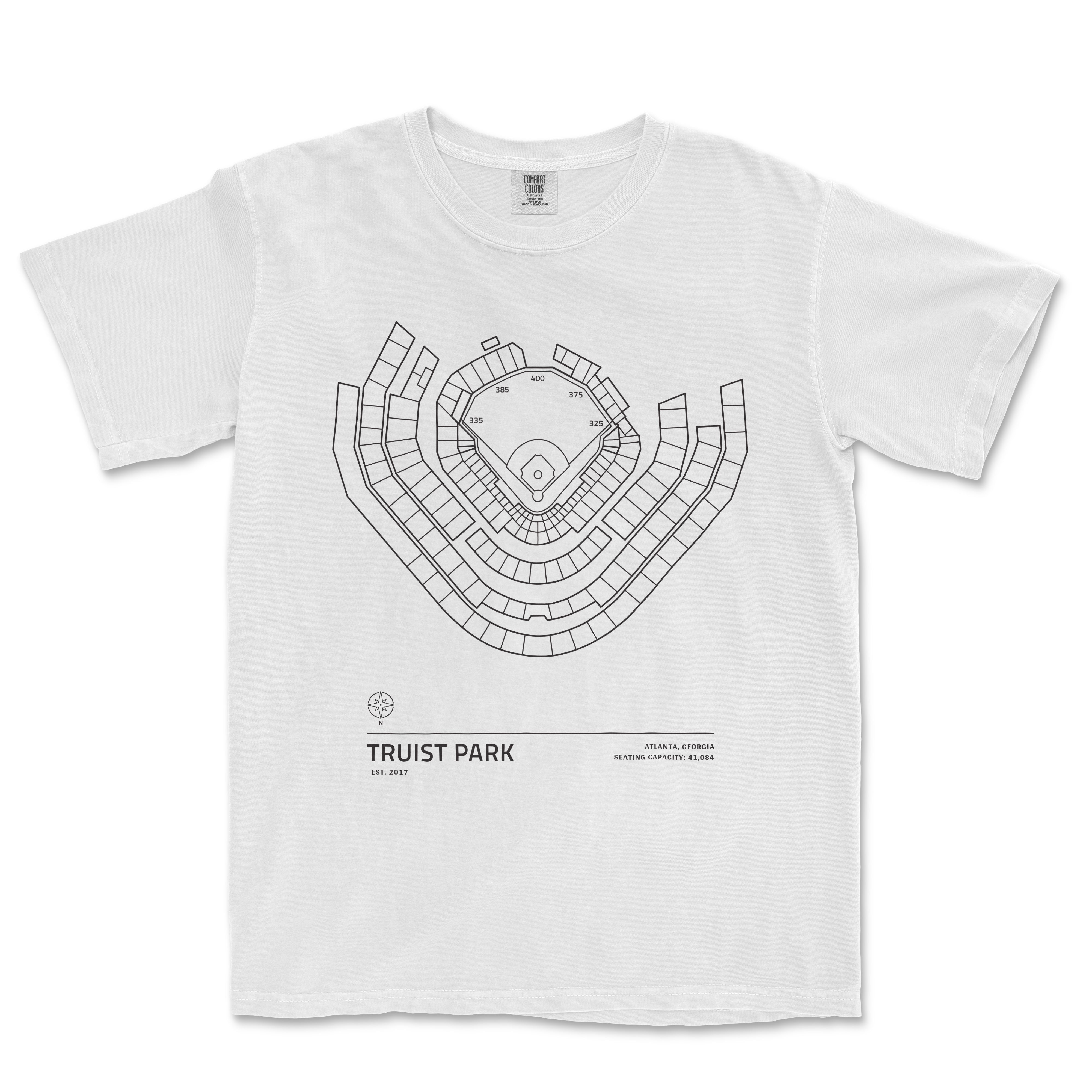 White T-shirt featuring a black line drawing of Truist Park stadium seating chart, with location details and capacity.