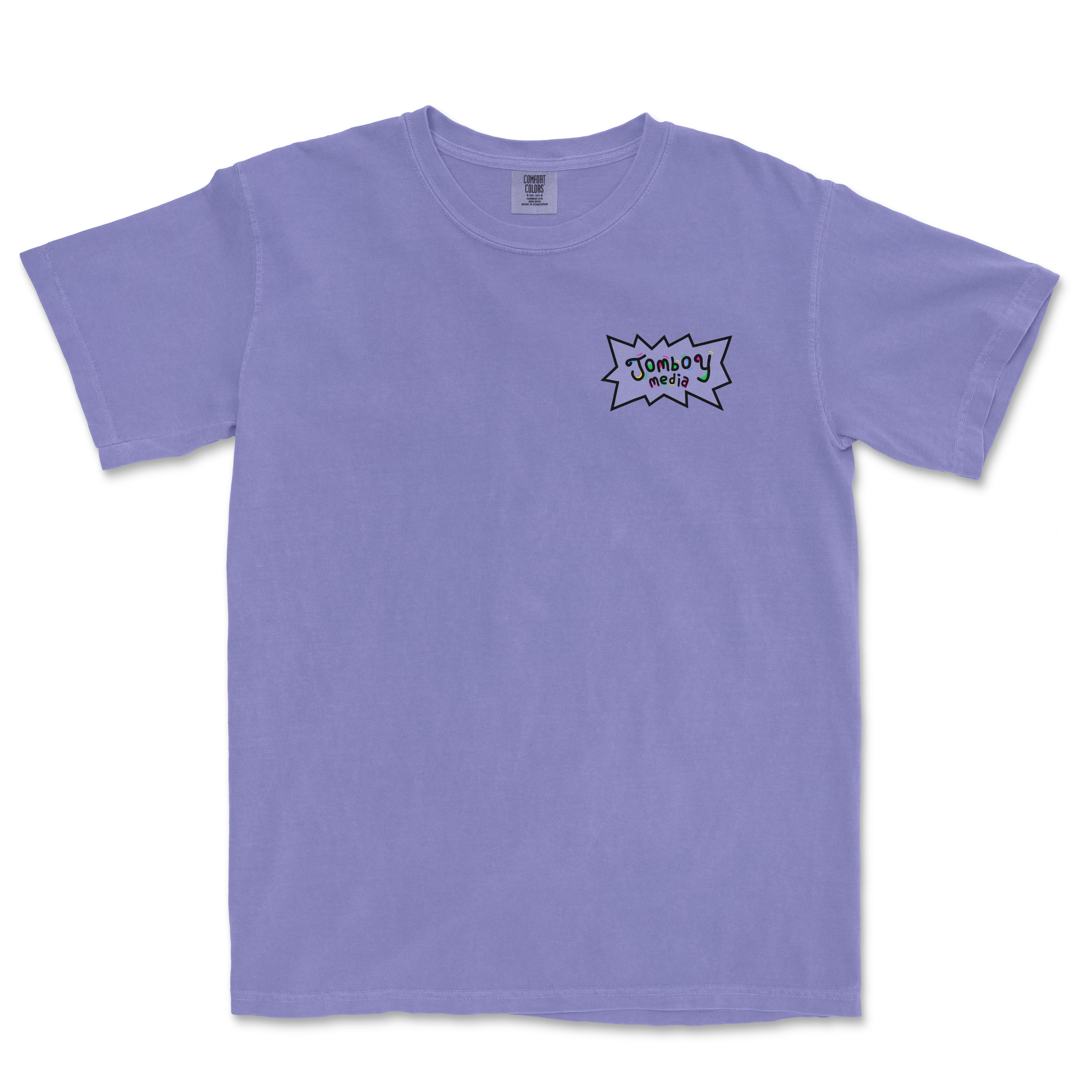Light purple Comfort Colors T-shirt featuring a colorful "Jumboy Media" logo inside a comic-style speech bubble.