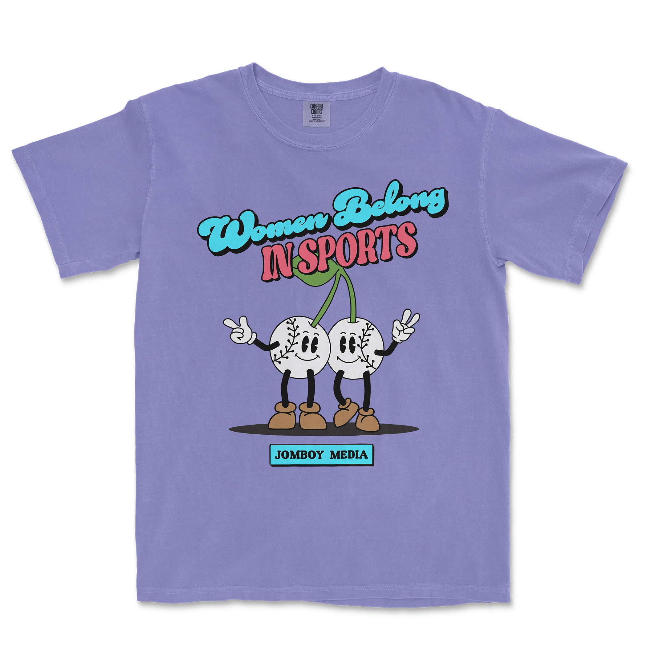 Purple T-shirt with cartoon cherries holding hands, featuring the text "Women Belong in Sports" and "Jomboy Media" logo.