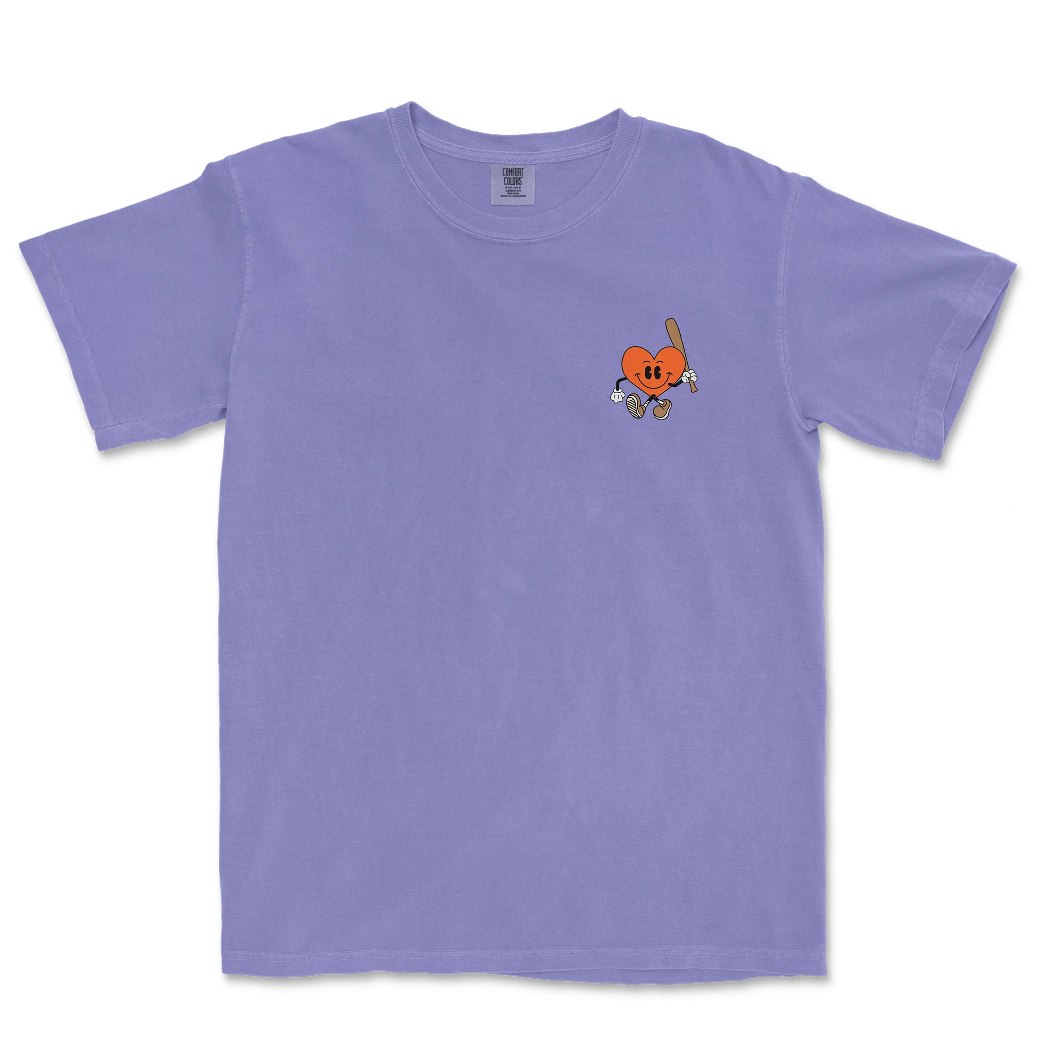 Comfort Colors lavender tee featuring a cute heart character holding a baseball bat and glove, with a playful, sporty design.