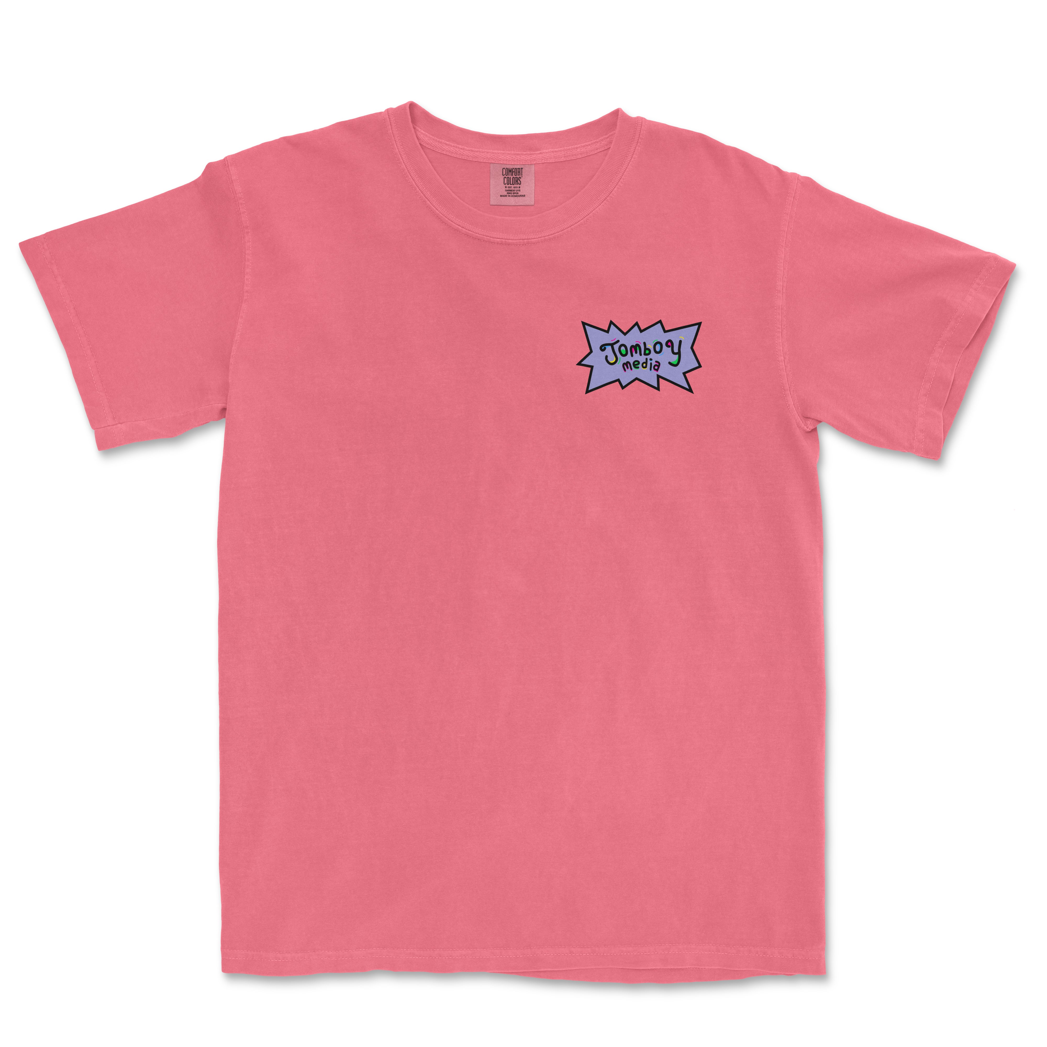 Pink Comfort Colors tee featuring a colorful "Jumboy Media" graphic on the chest, perfect for casual after-school wear.