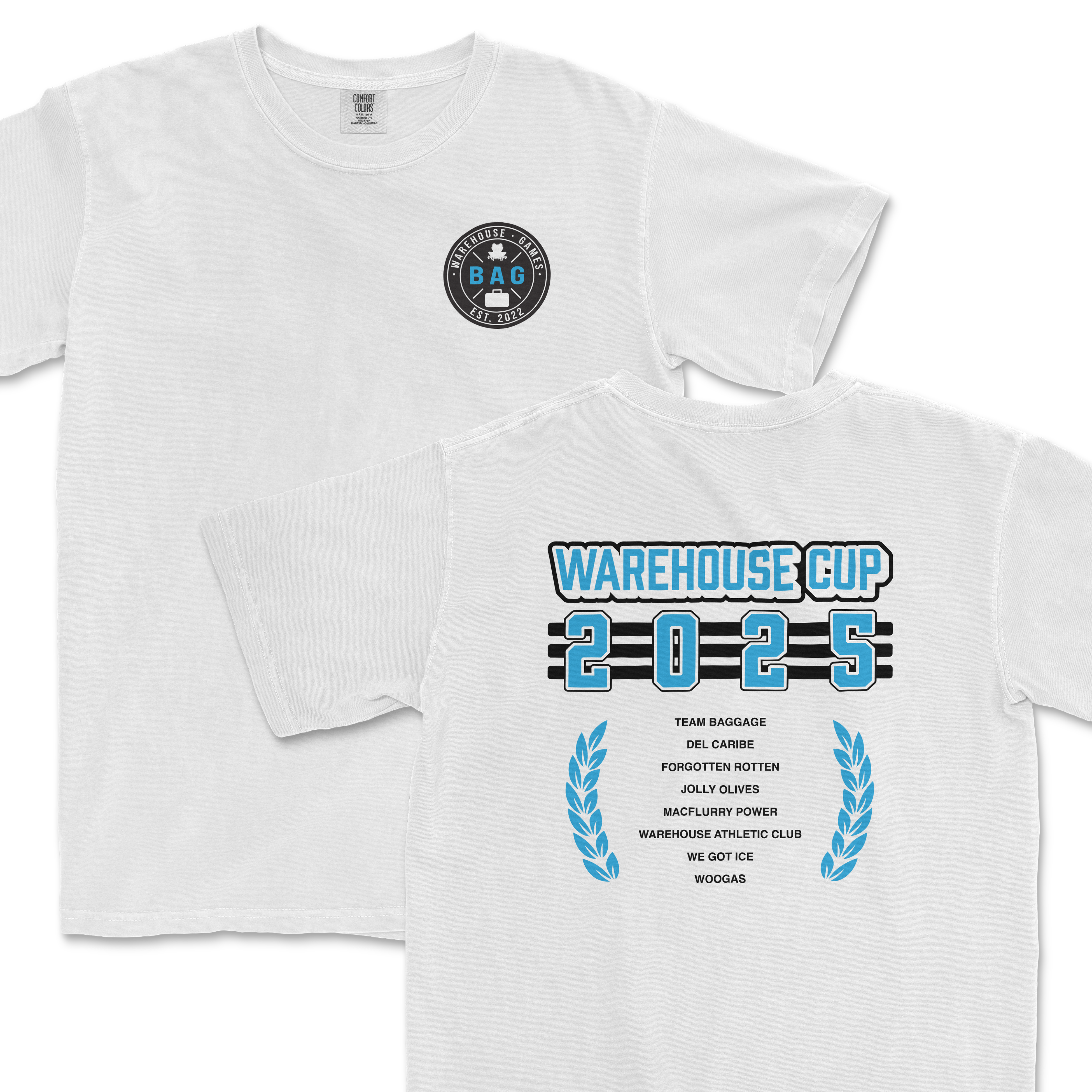 White T-shirt with "Warehouse Cup 2025" logo on front and back, featuring team names and blue laurel wreaths.