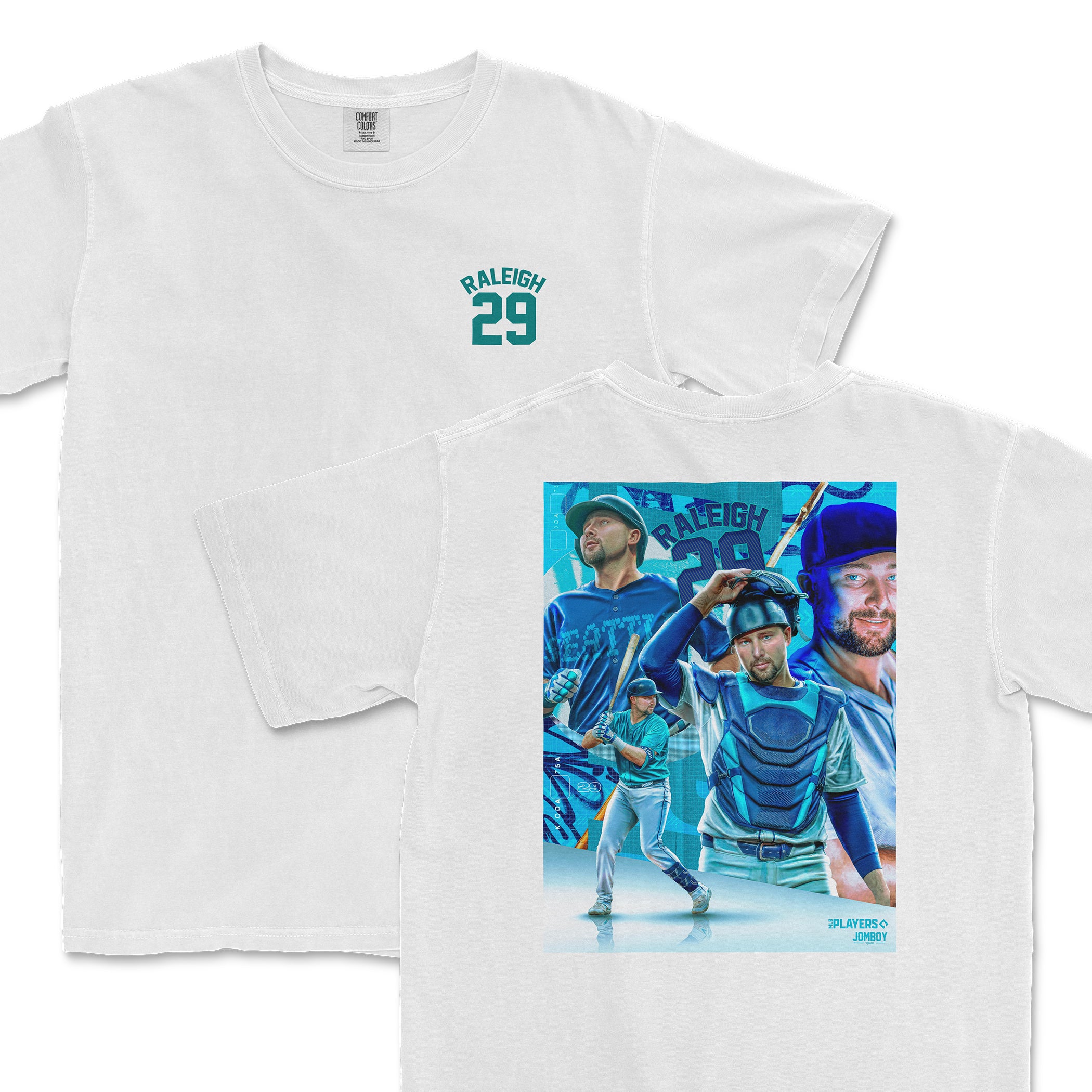 White Comfort Colors tee featuring a graphic of a baseball player in catcher's gear, with "Raleigh 29" text on the back.