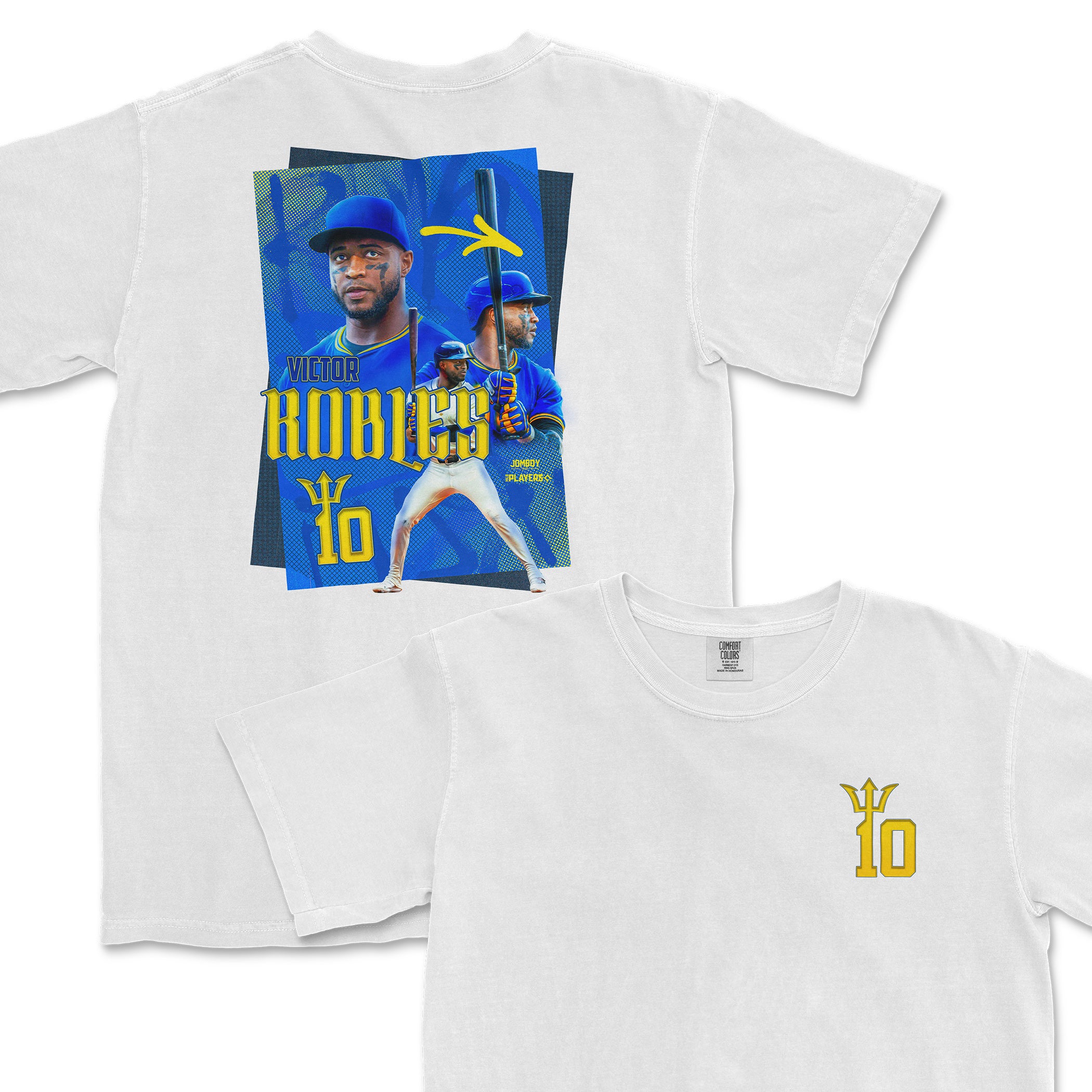 White T-shirt featuring a colorful graphic of Victor Robles in a baseball uniform, with his name, number 10, and team logo.