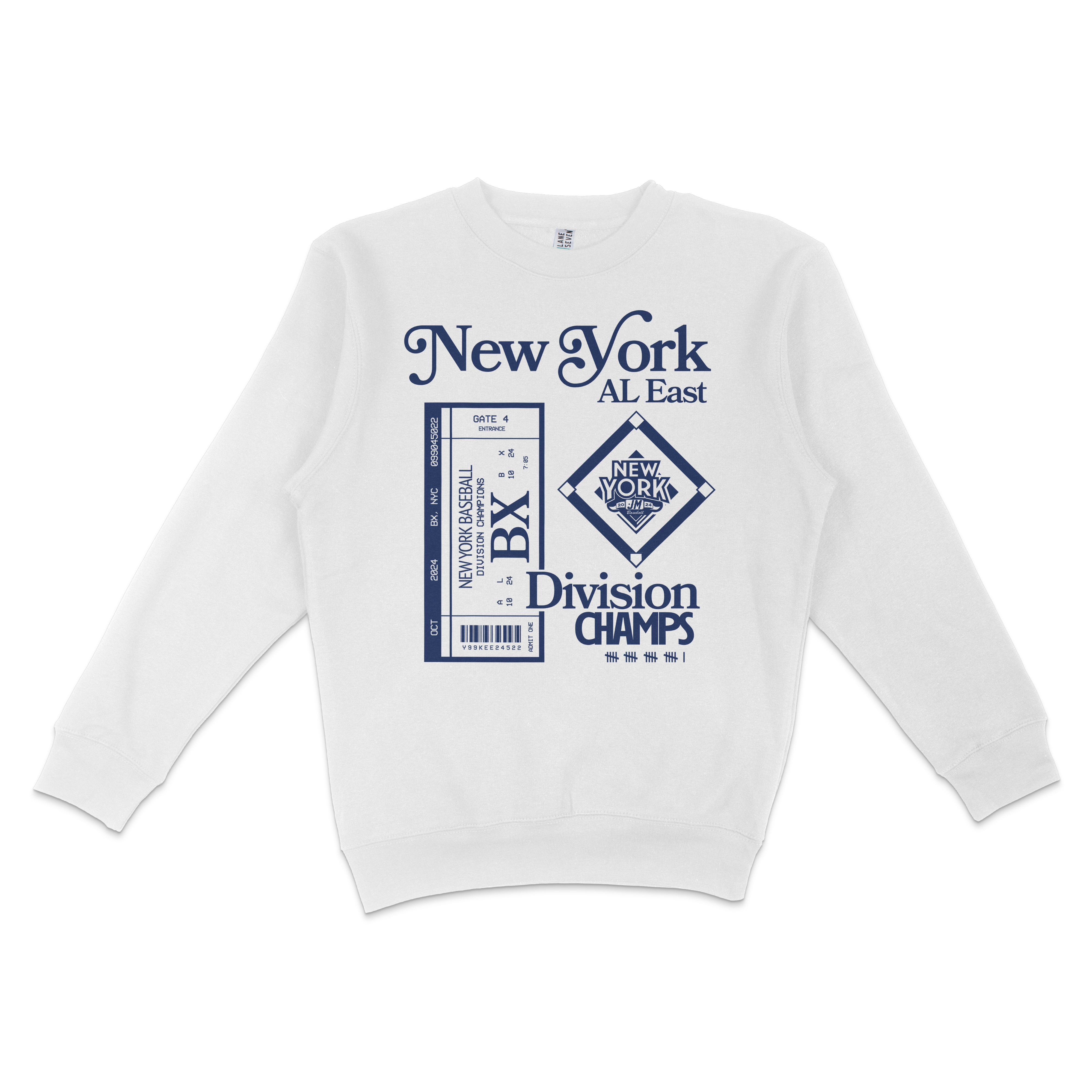 White crewneck sweatshirt featuring navy blue text and graphics celebrating New York Yankees division champions, with ticket stub and logo designs.