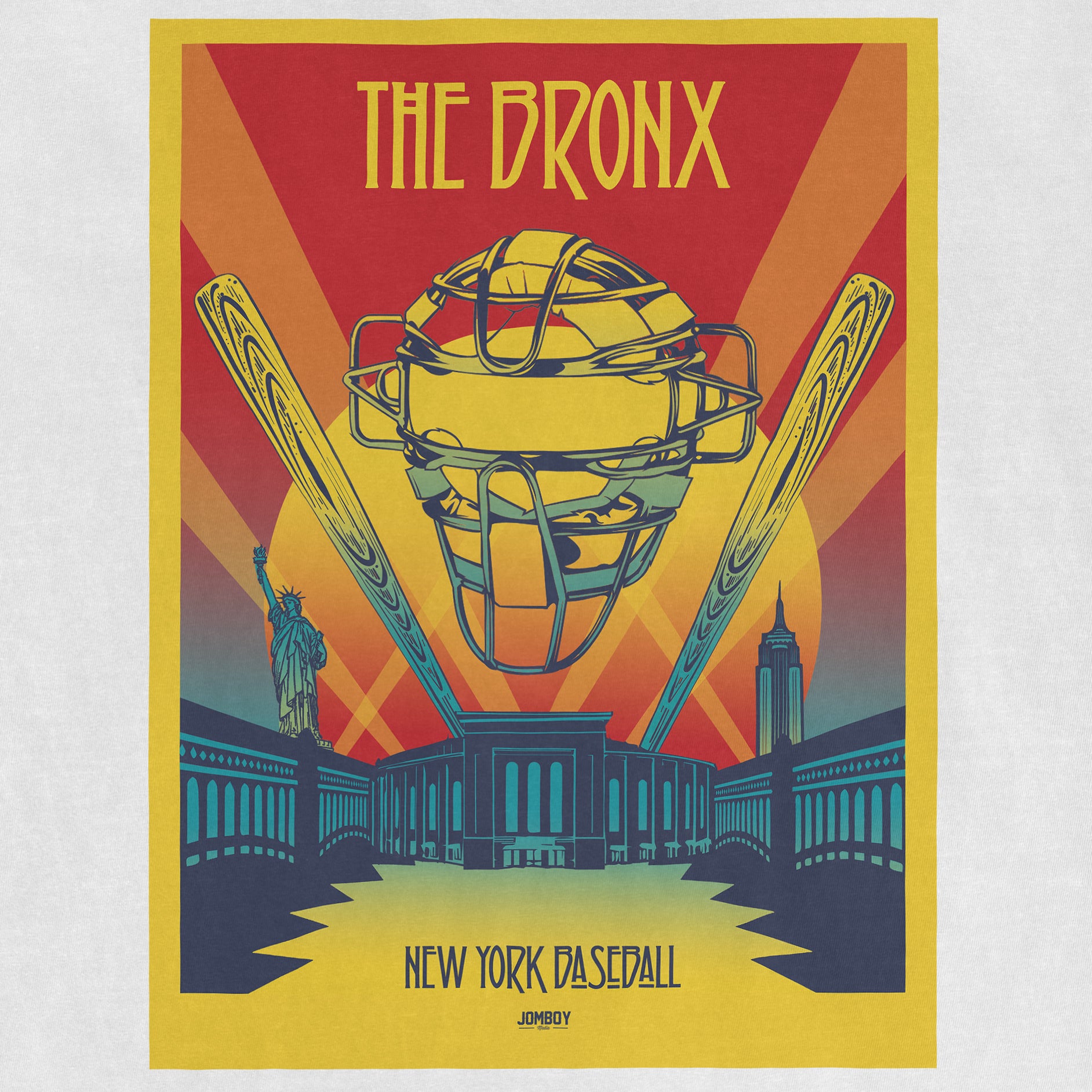 Colorful vintage-style poster for "The Bronx CLXI" New York baseball, featuring a baseball helmet, bats, Statue of Liberty, and Empire State Building.