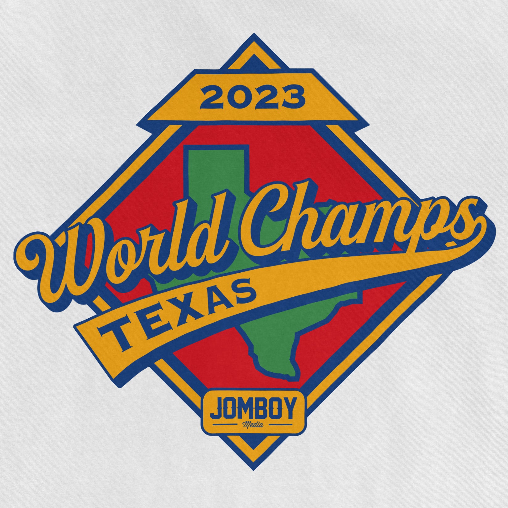 Retro Texas Champs logo featuring a colorful Texas map, "2023" and "World Champs" text, with a diamond shape and "JOMBOY Media" banner.