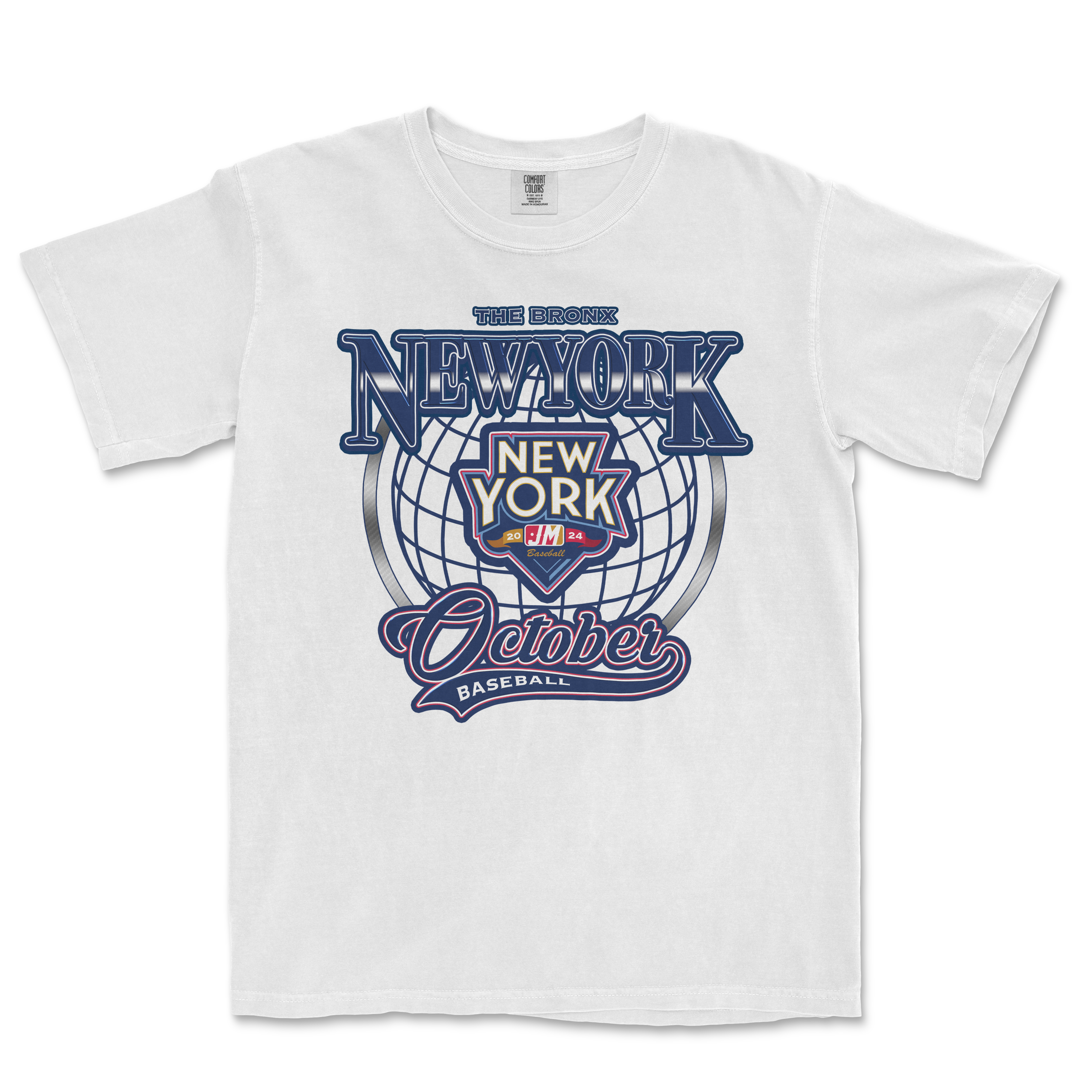 White T-shirt with "October in The Bronx" and "New York October Baseball" graphic design featuring a globe, baseball emblem, and bold text.
