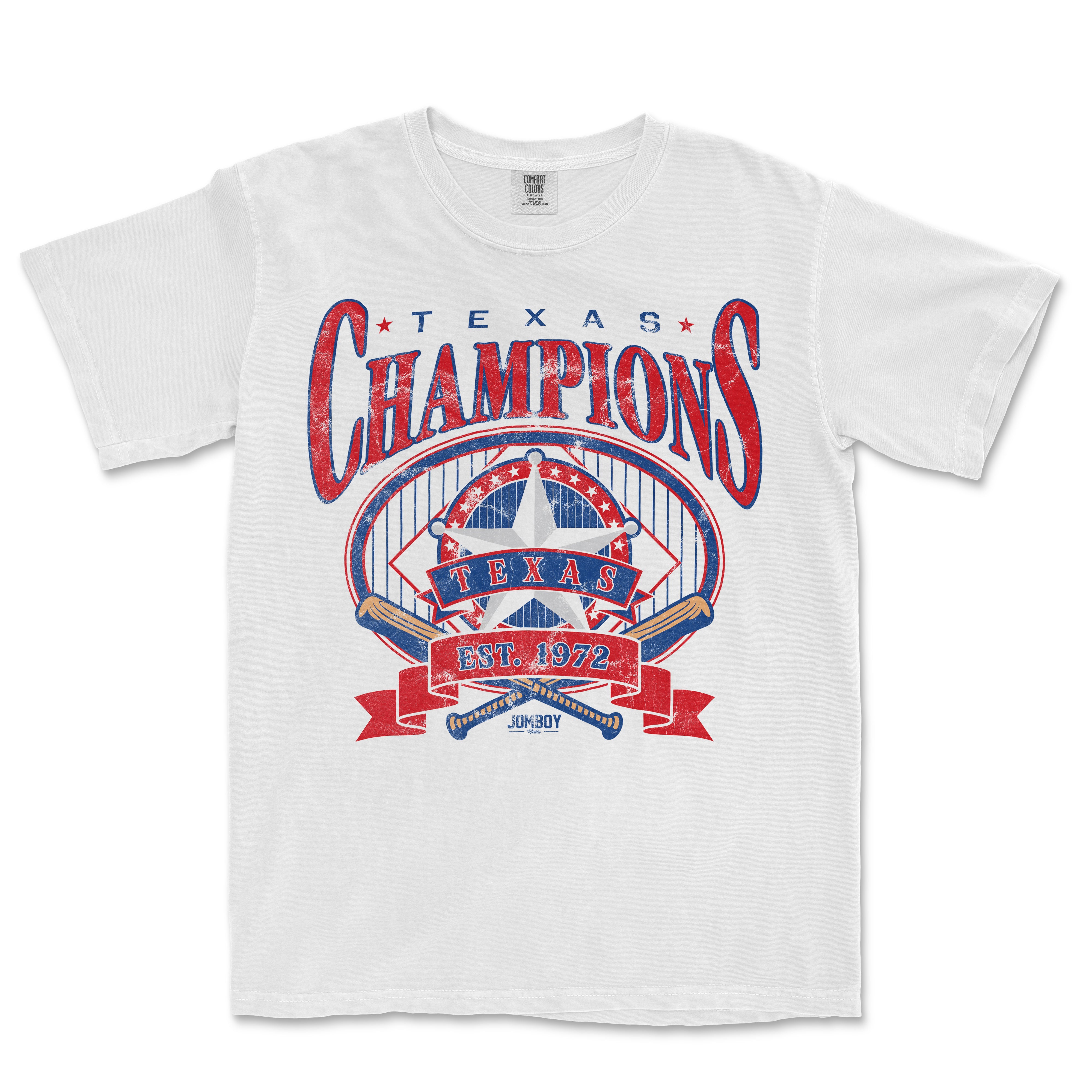 White Comfort Colors T-shirt featuring a vintage-style Texas Champions graphic with a star, banner, and baseball bats, celebrating 1972.