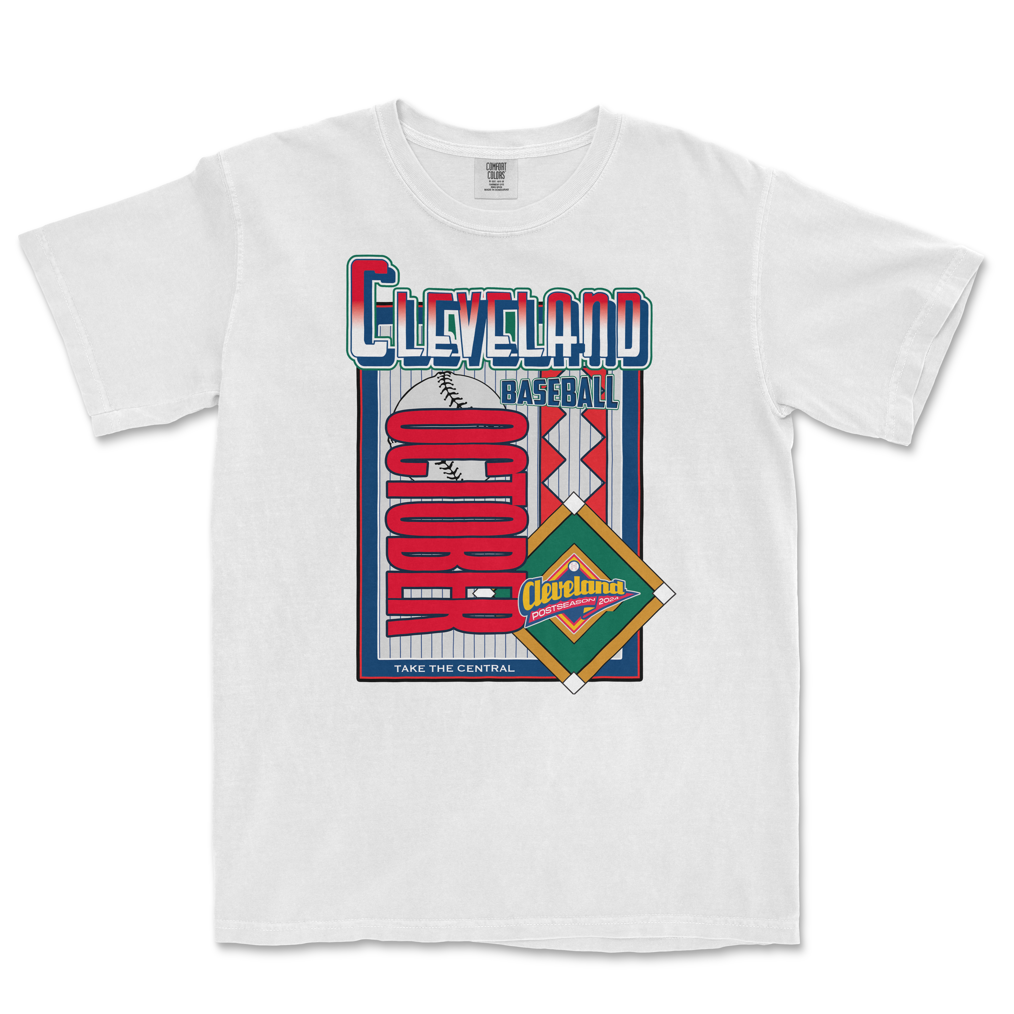 White Comfort Colors tee featuring colorful Cleveland baseball graphic with "Cleveland October" and "Postseason" text.