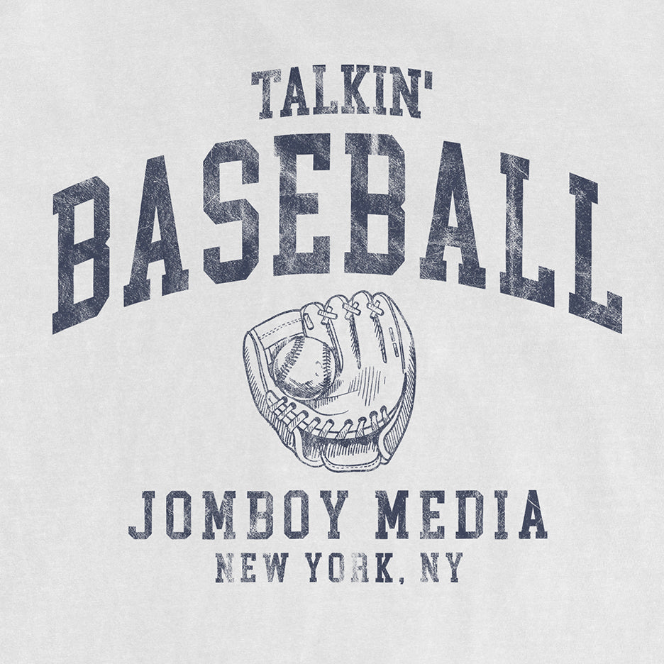 "Talkin' Baseball 90's Edition logo featuring a baseball glove and ball, with text about Jomboy Media, New York, NY.