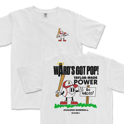 White t-shirt featuring a cartoon baseball character on the front and a bold graphic with "Ward's Got Pop!" and "Taylor-Made Power" on the back.