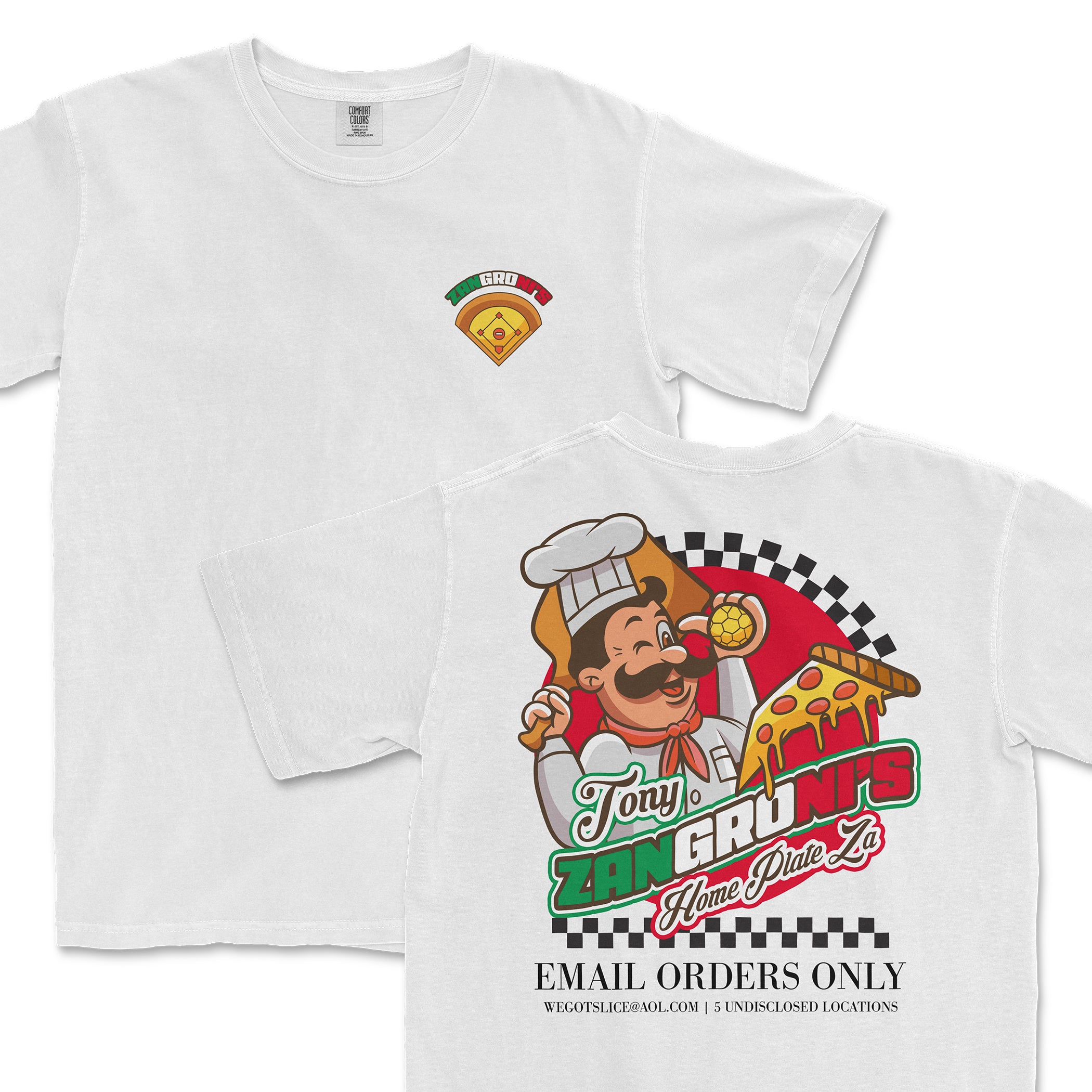 White T-shirt featuring a cartoon chef holding a pizza slice and a pizza paddle, with colorful text promoting Tony Zan Grom's pizza.