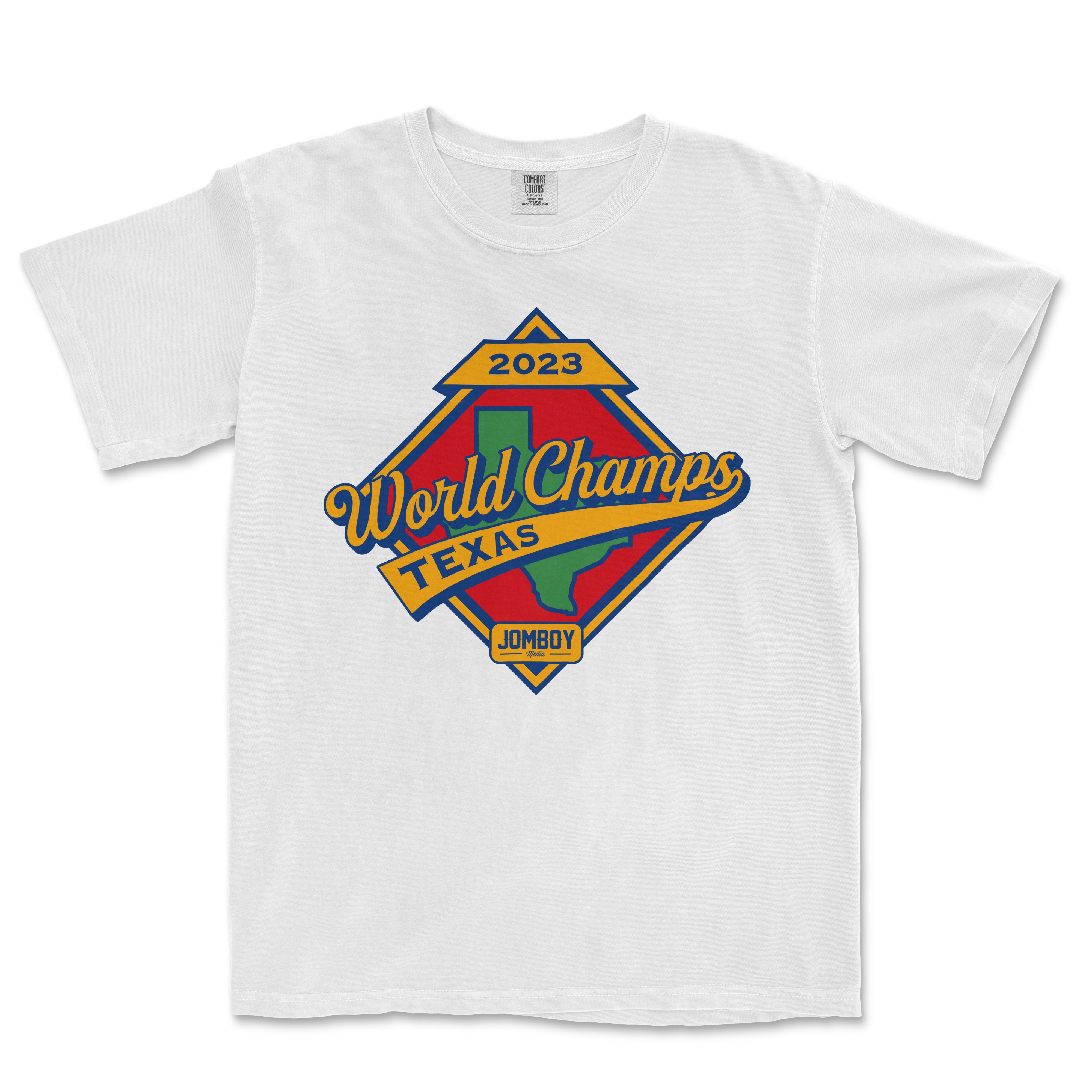 White T-shirt featuring a colorful "2023 World Champs Texas" logo with a green Texas outline and "Jomboy" branding.