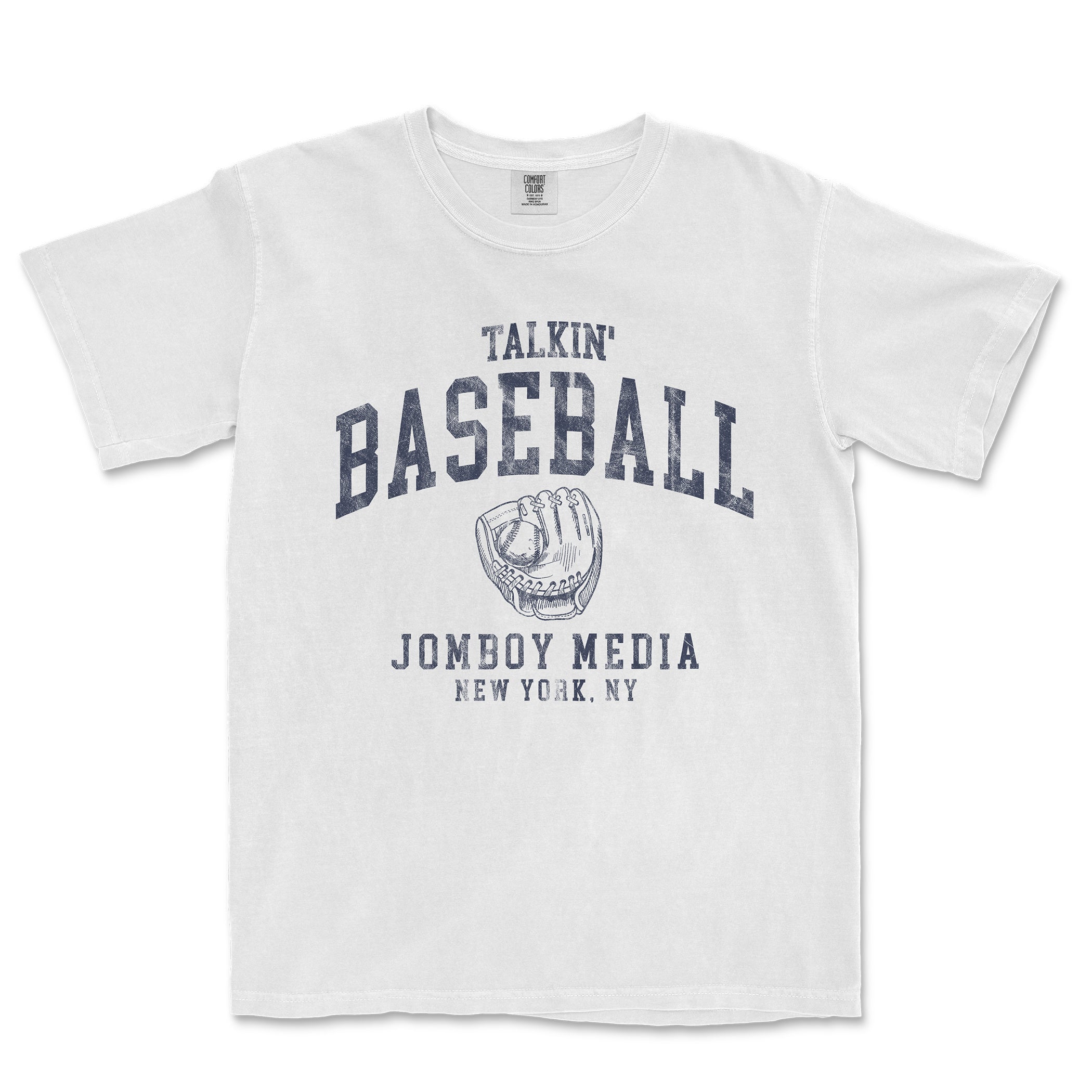 White T-shirt with "Talkin' Baseball 90's Edition" text, a baseball glove illustration, and "Jombo Media, New York, NY" printed below.