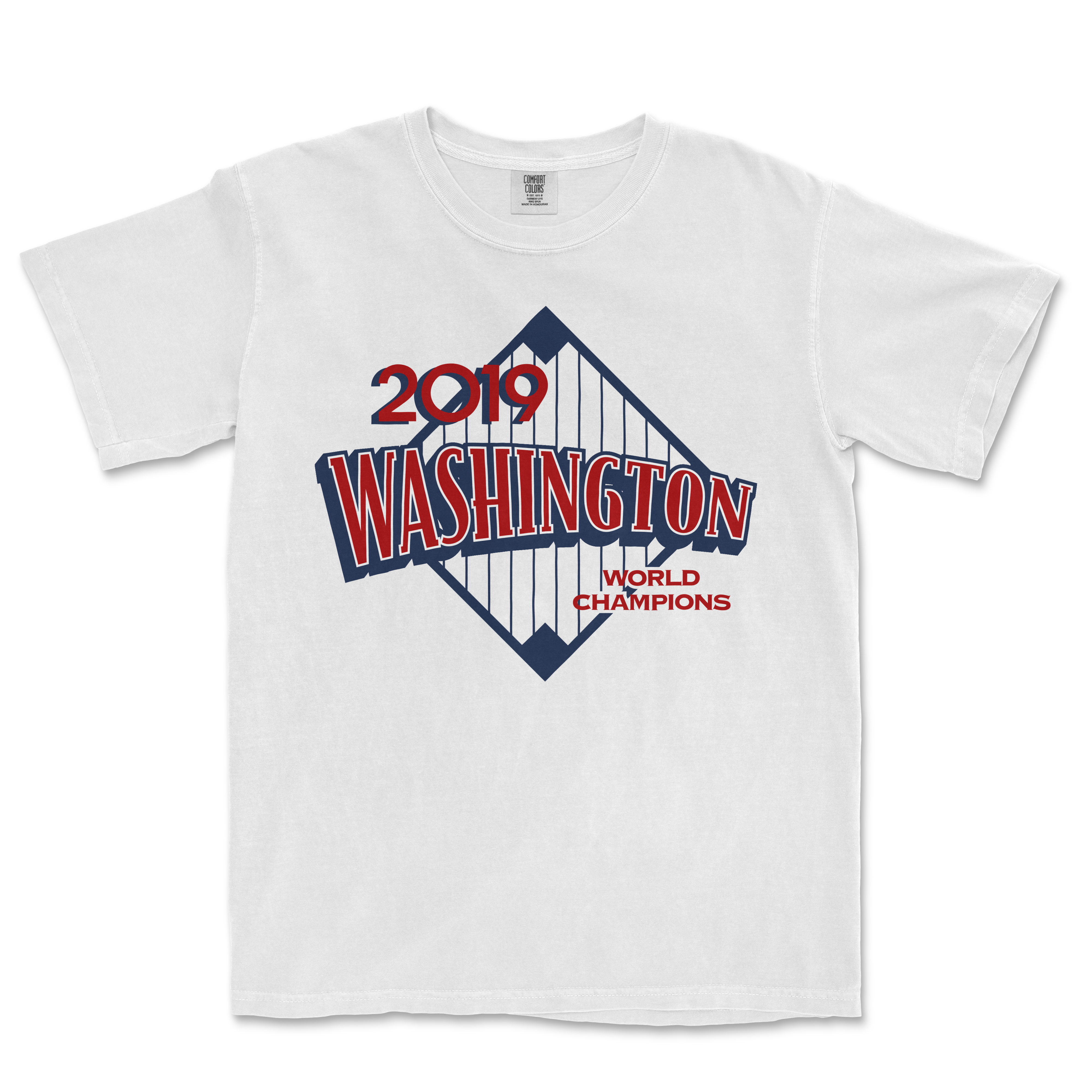 White T-shirt featuring a 2019 Washington baseball team logo with "World Champions" text and a stylized bridge graphic.