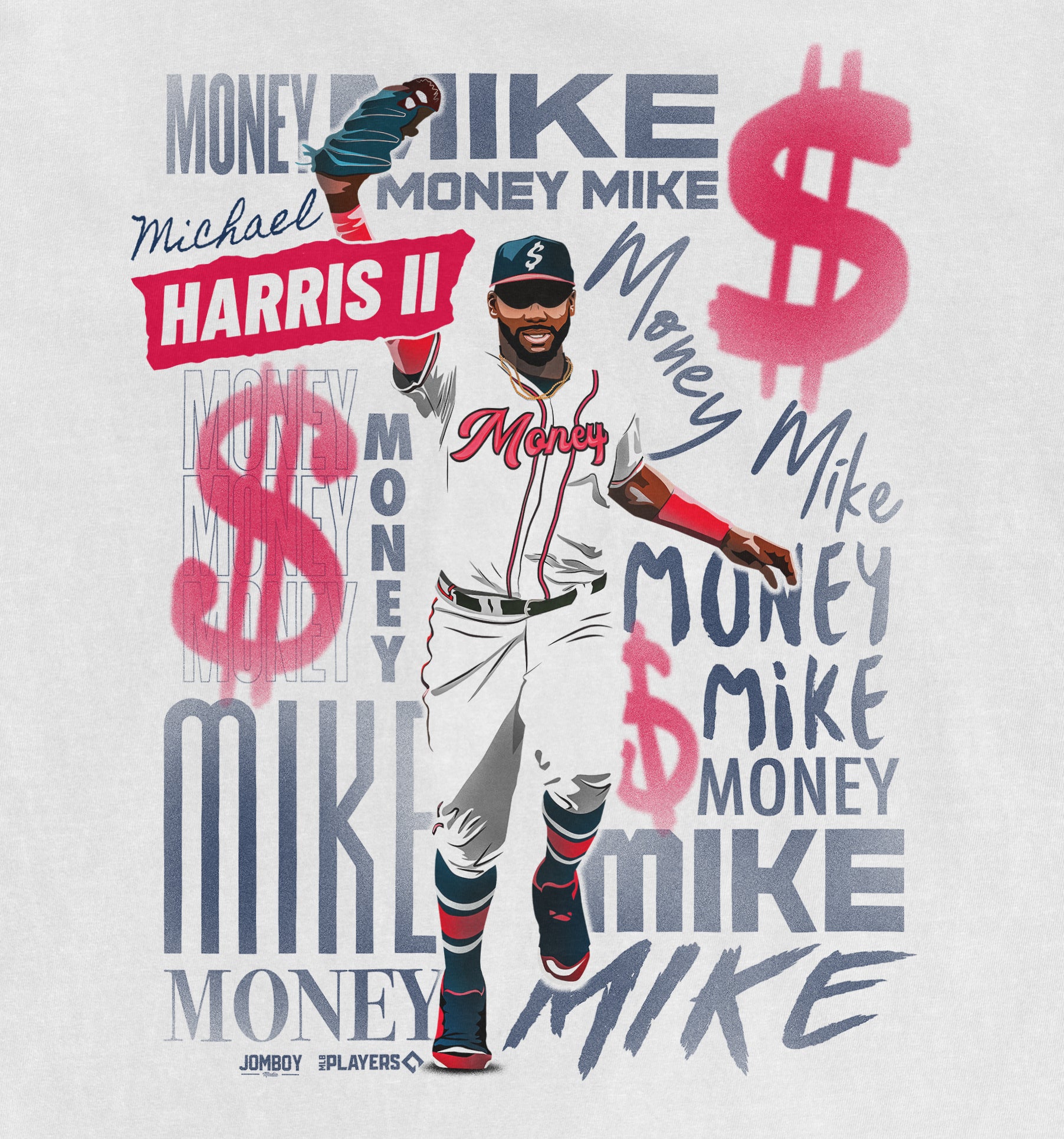 Illustration of a man in a baseball uniform with "Money" written on his chest, surrounded by "Money Mike" and dollar sign graphics.