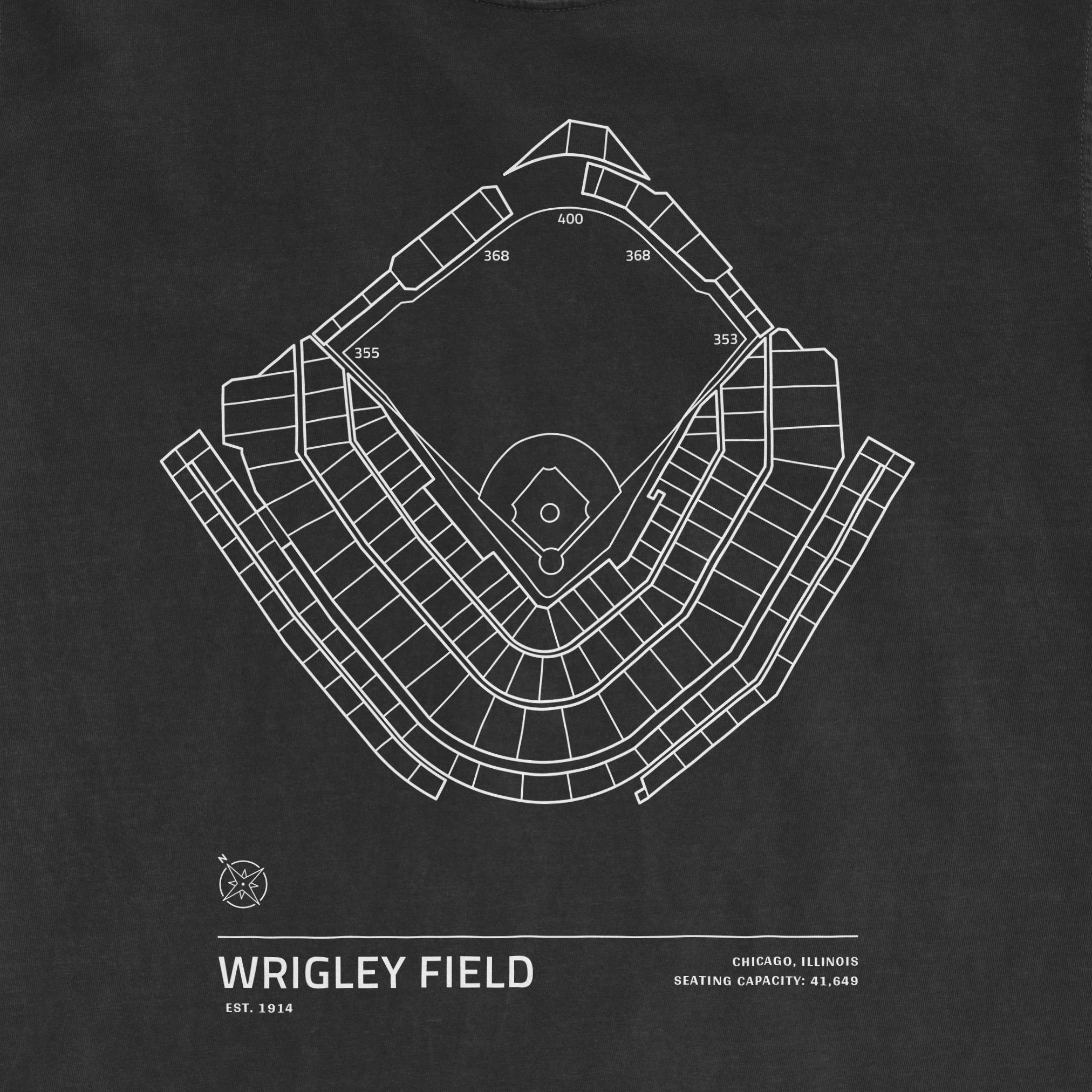 Outline of Wrigley Field stadium seating with labeled distances, Chicago, Illinois, and seating capacity of 41,649.