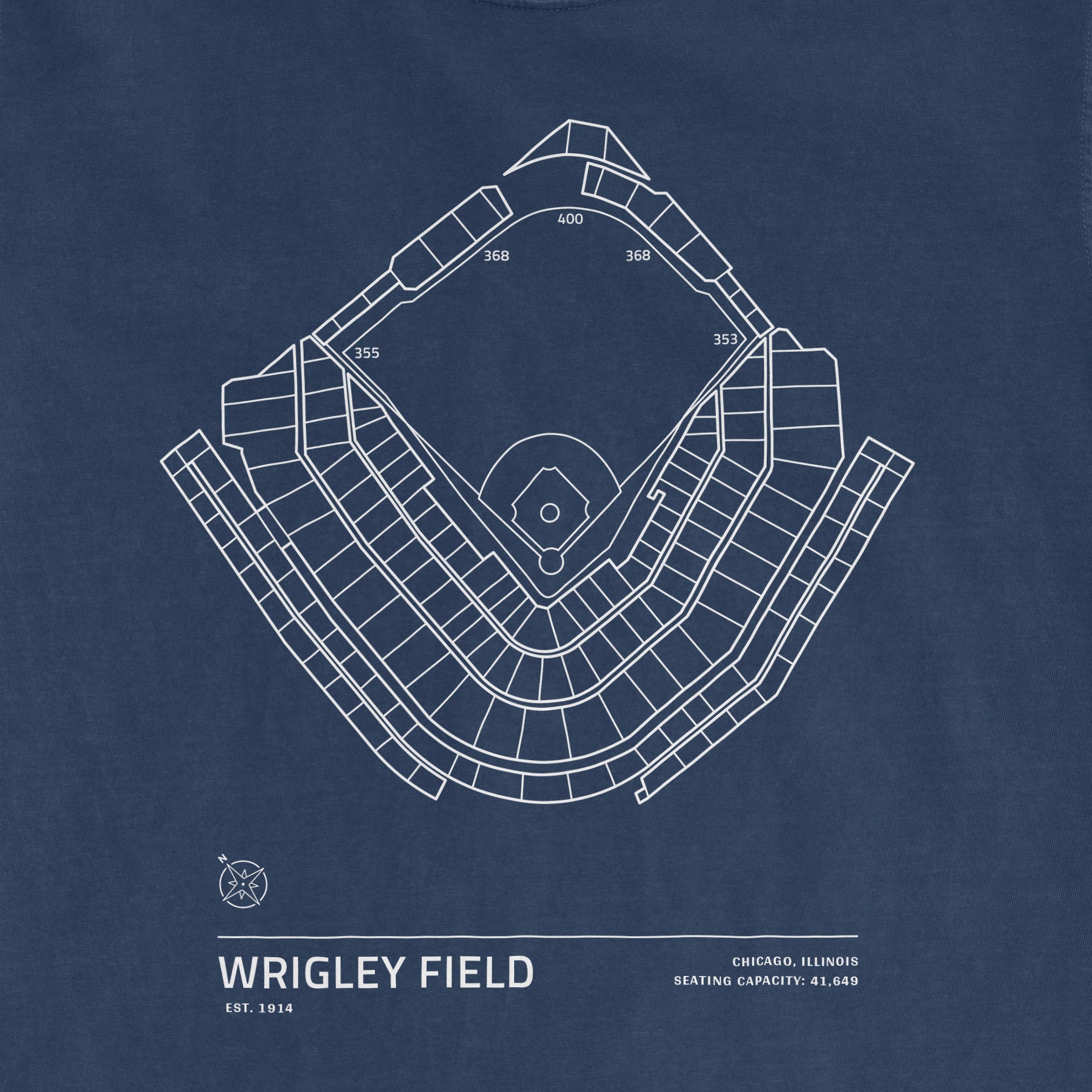 Blueprint-style diagram of Wrigley Field stadium with seating sections, field layout, and capacity info on a blue background.