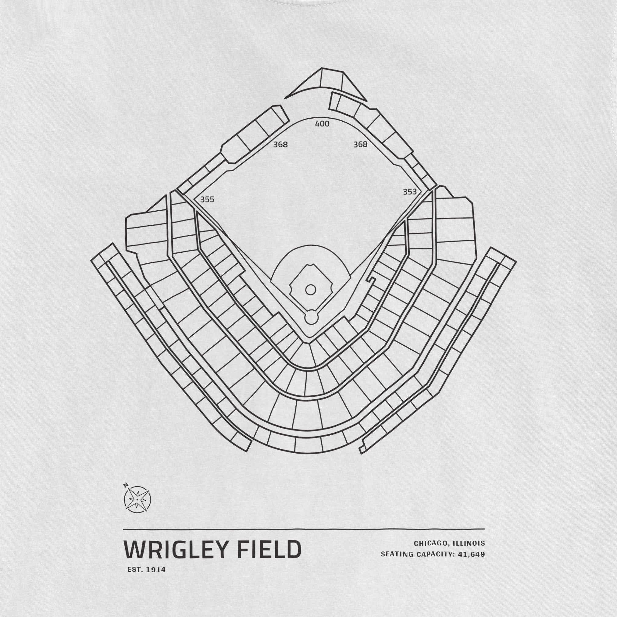 Line drawing of Wrigley Field stadium seating chart, showing field layout, seating sections, and capacity details.