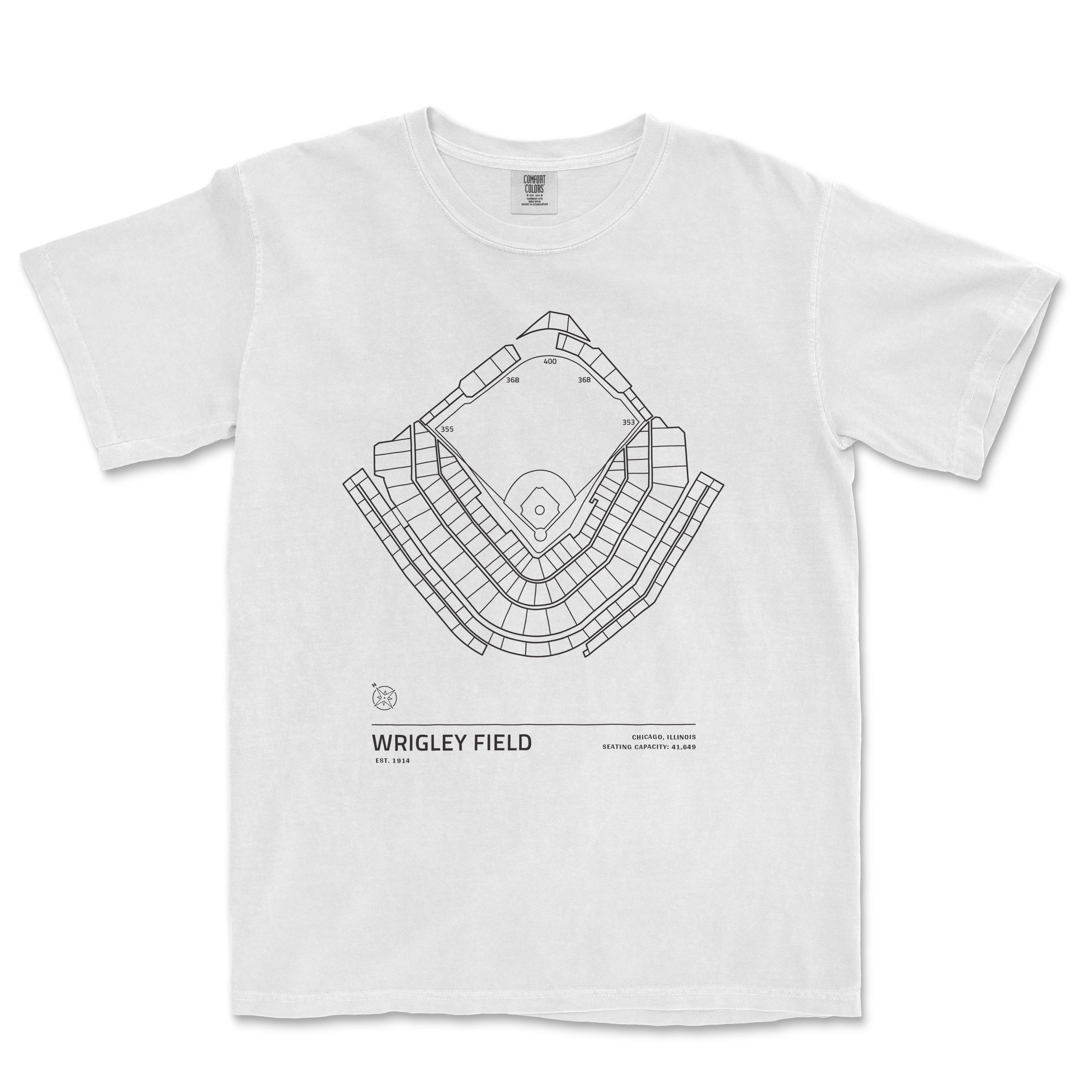 White T-shirt featuring a black line drawing of Wrigley Field stadium layout, with details like seating capacity and location.