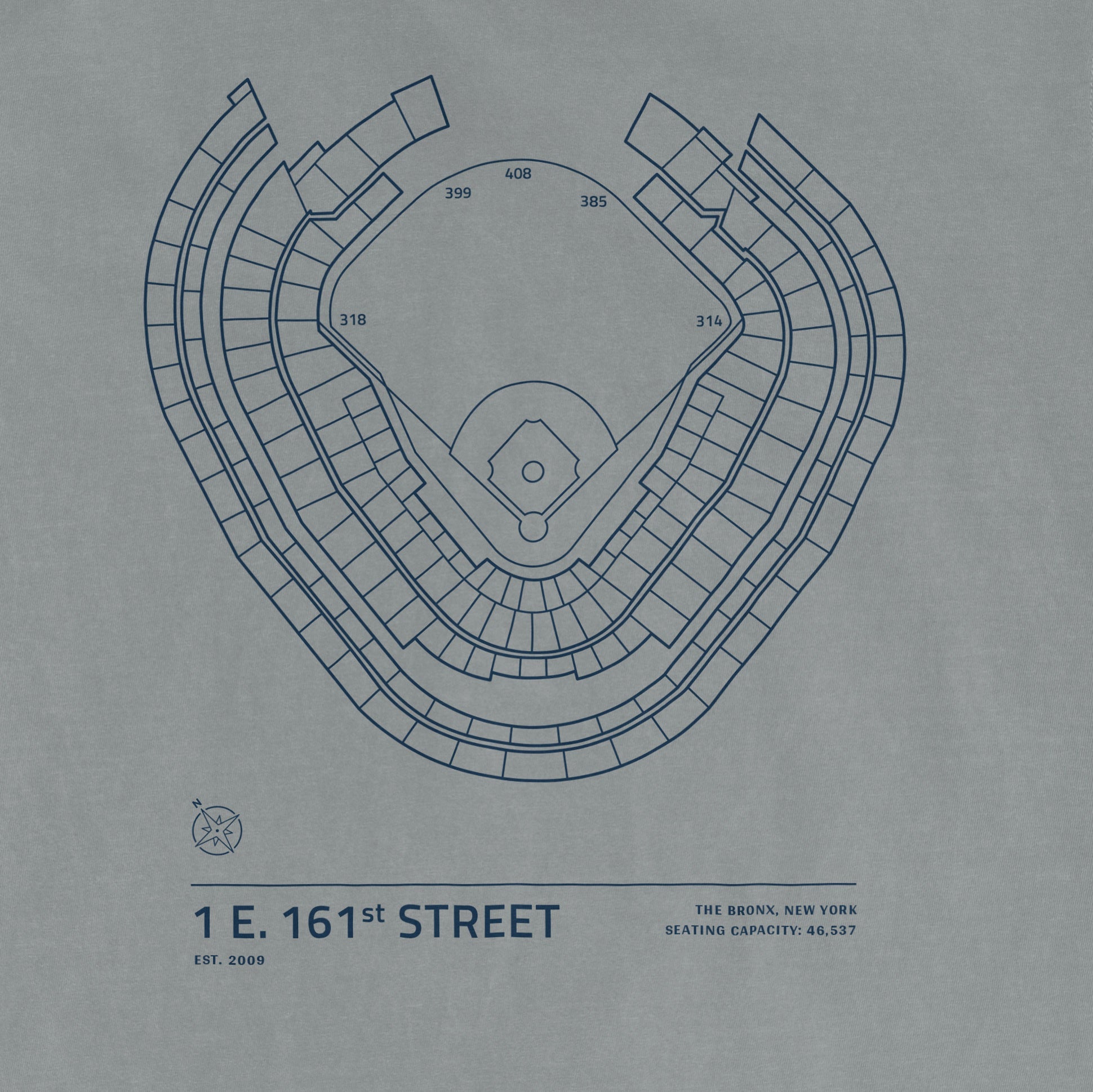 Comfort Colors tee featuring a stadium seating map of 1 E 161st Street, Bronx, NY, with seating capacity details.
