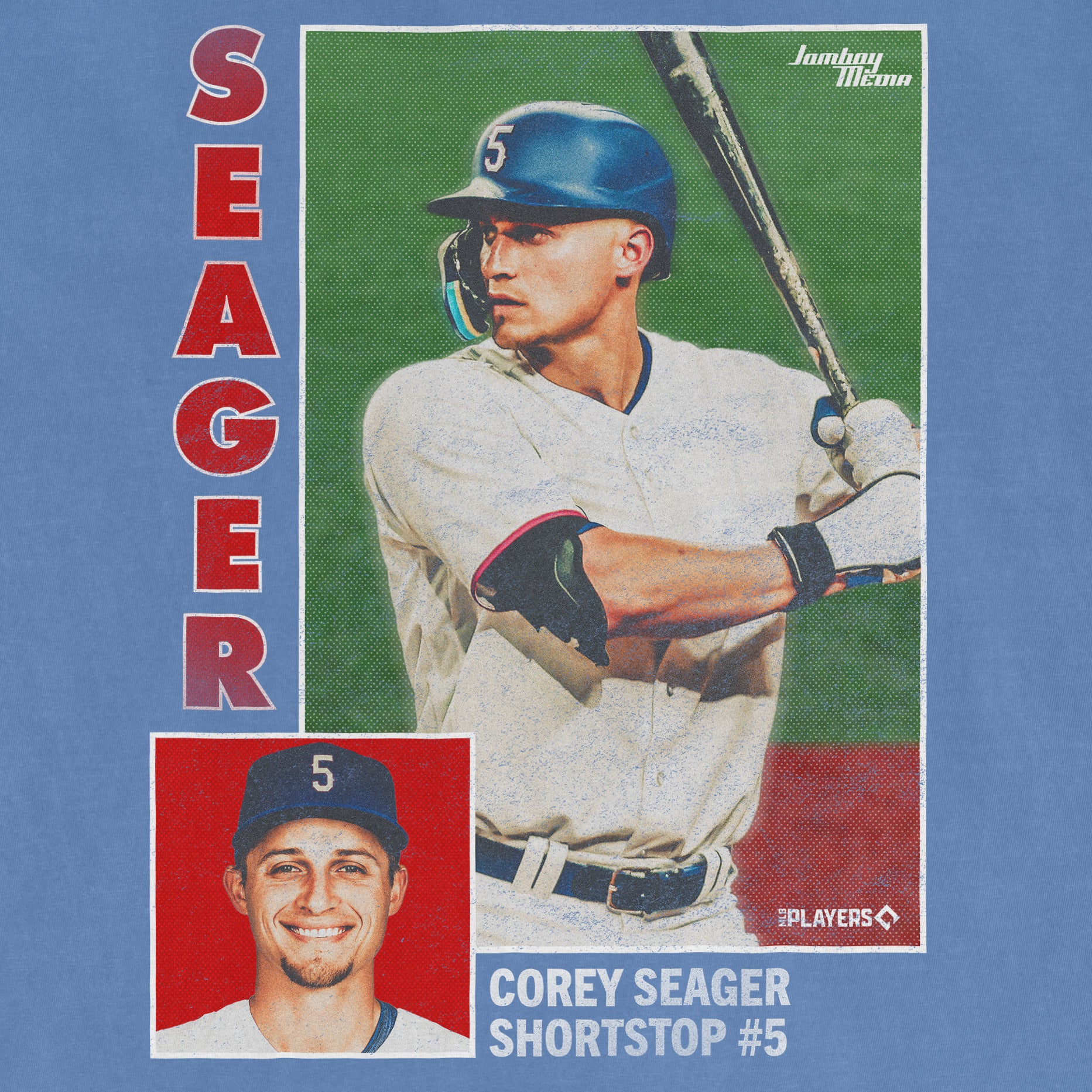 Colorful baseball card featuring Corey Seager in a batting pose, wearing a helmet and white uniform, with his name and details.