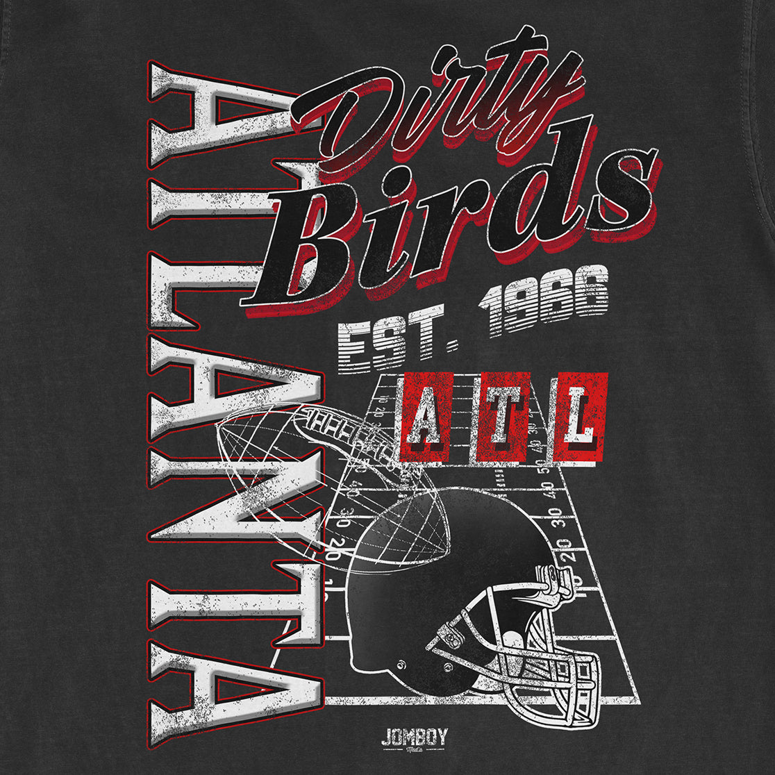 Graphic design featuring "The Dirty Birds" football team, established in 1968, with a helmet and field diagram in black, white, and red.