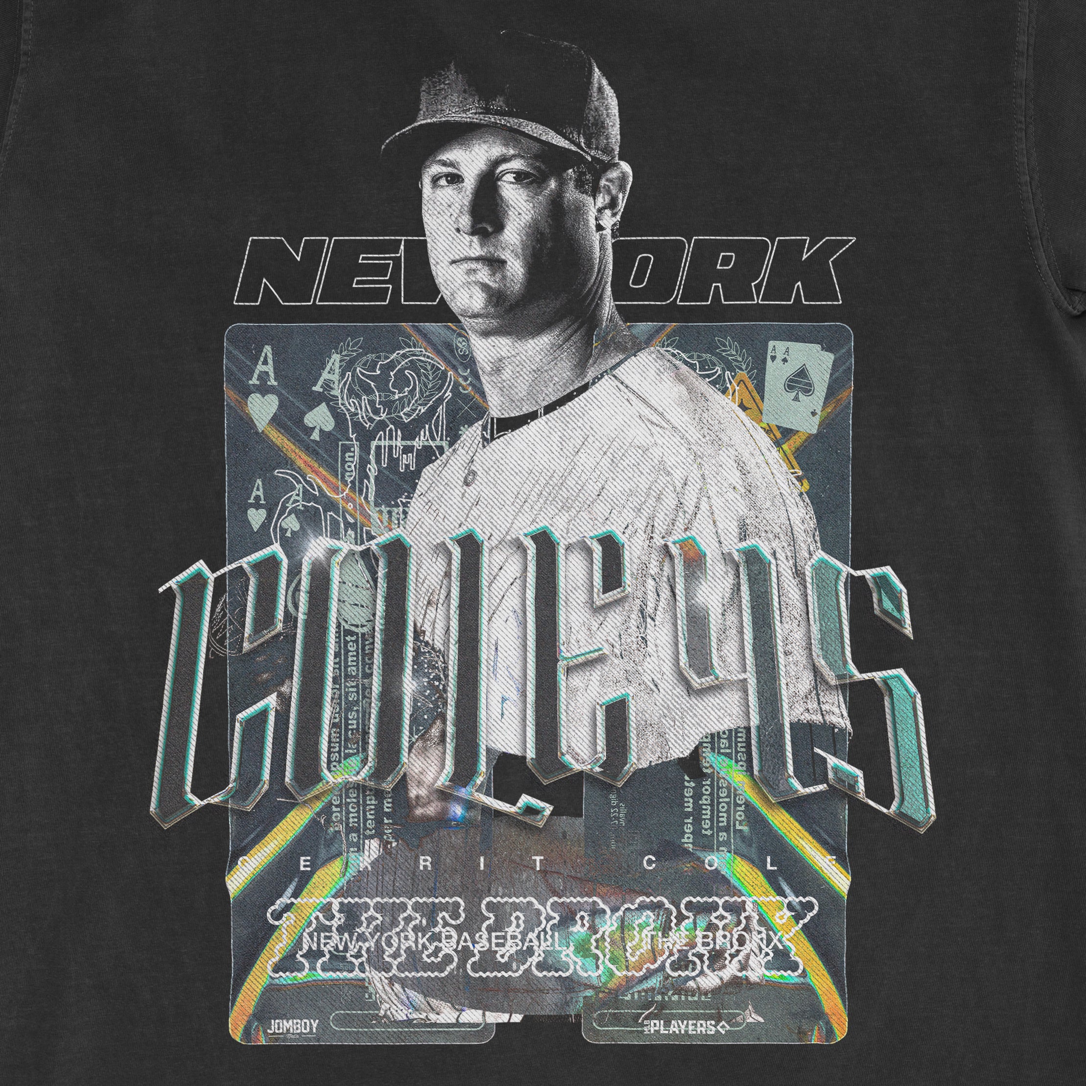 Black Comfort Colors T-shirt featuring a graphic of a person with "CHICAGO" text, playing cards, and "NEW YORK" above.