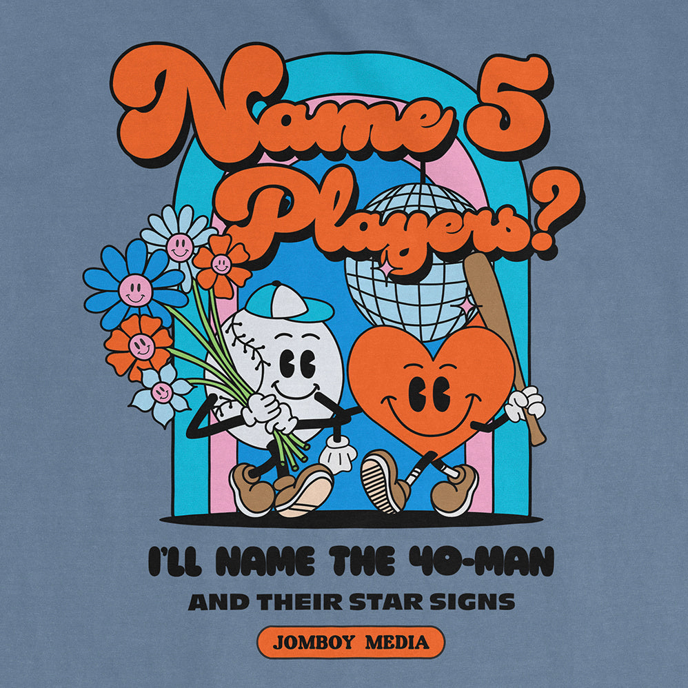 Colorful Comfort Colors tee featuring cartoon characters, flowers, and the text "Name 5 Players" and "I'll name the 40-man.