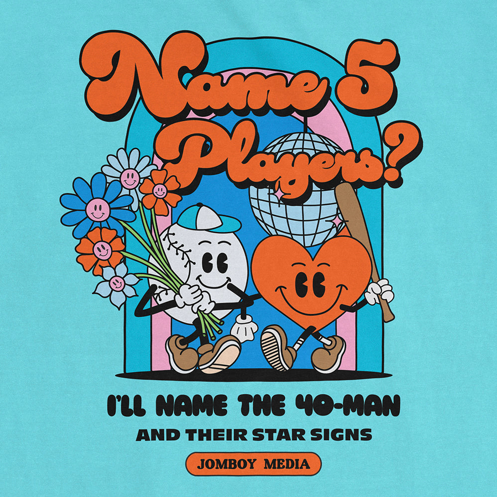 Colorful Comfort Colors tee featuring cartoon characters holding flowers and a baseball bat, with playful "Name 5 Players?" text.