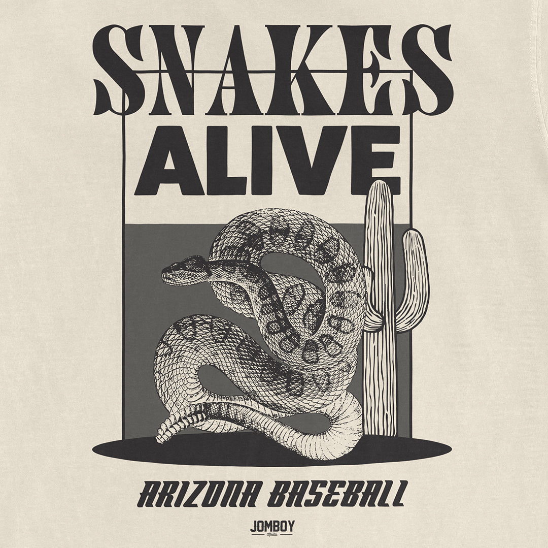 Black and white graphic design featuring a coiled snake and cactus with "Snakes Really Alive" and "Arizona Baseball" text.