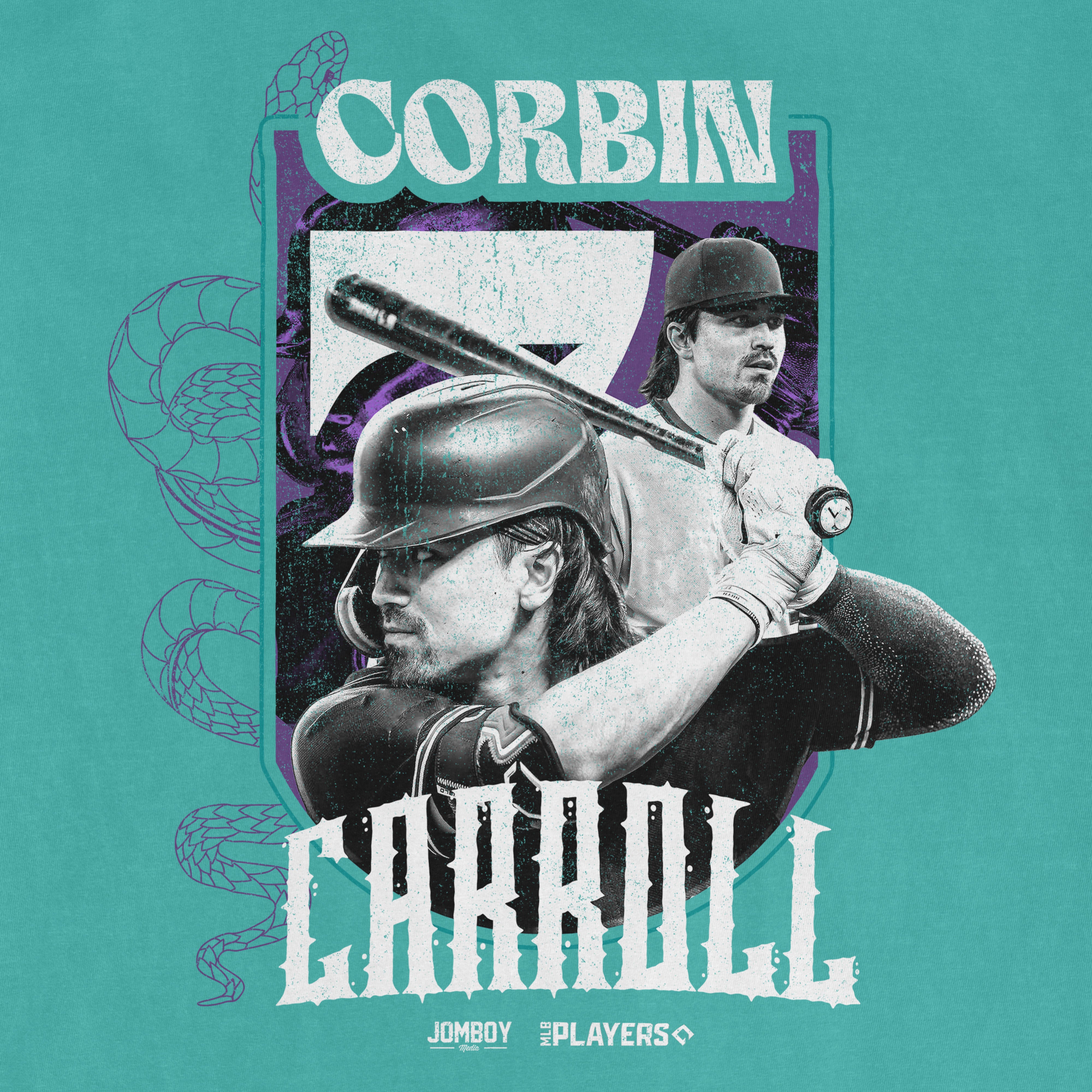Graphic design featuring Corbin Carroll, a baseball player, with images of him in batting gear and a bat, and stylized text.