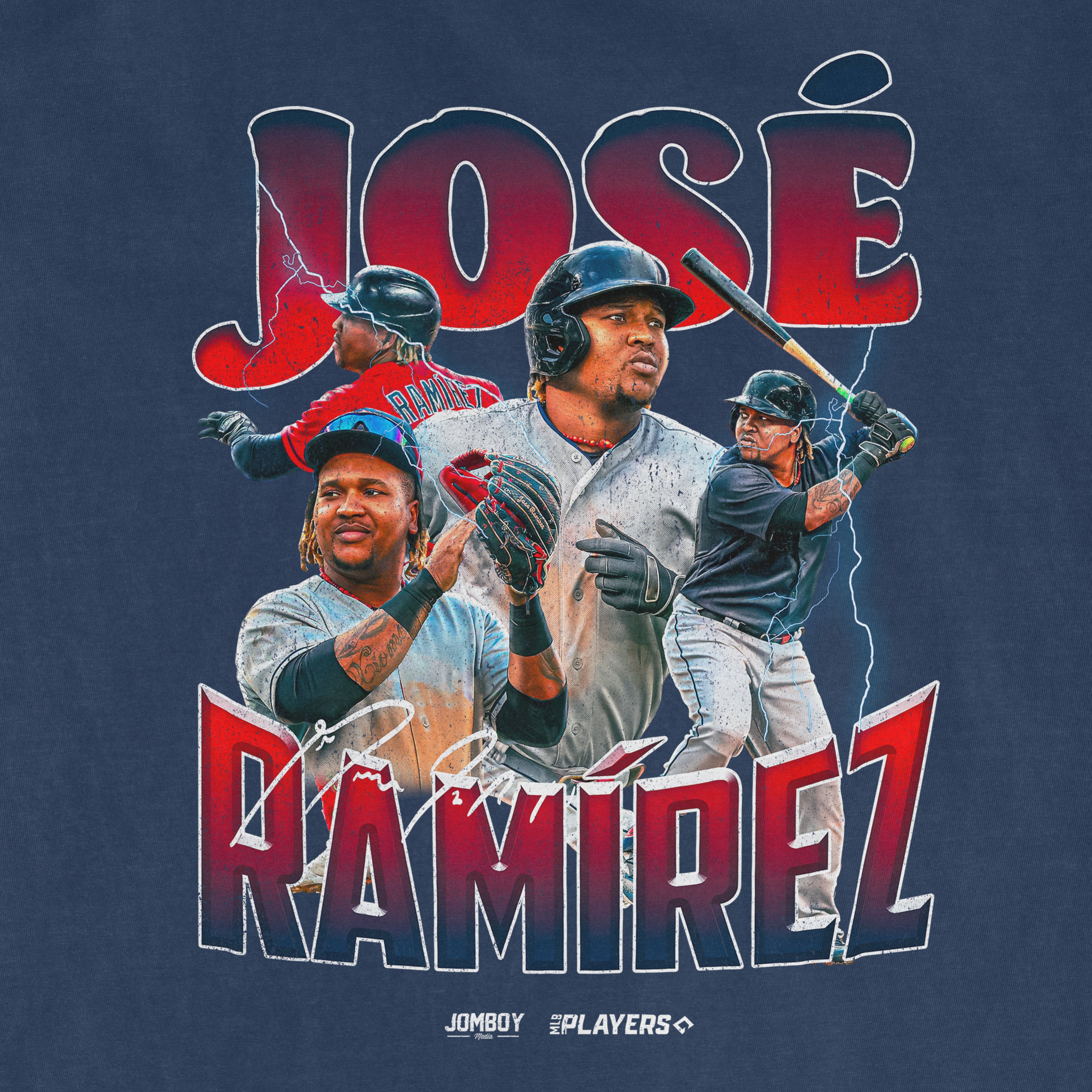 Close-up of a navy blue Comfort Colors T-shirt featuring multiple images of José Ramírez, with "José Ramírez" and "RamiRez" text in bold red and white.