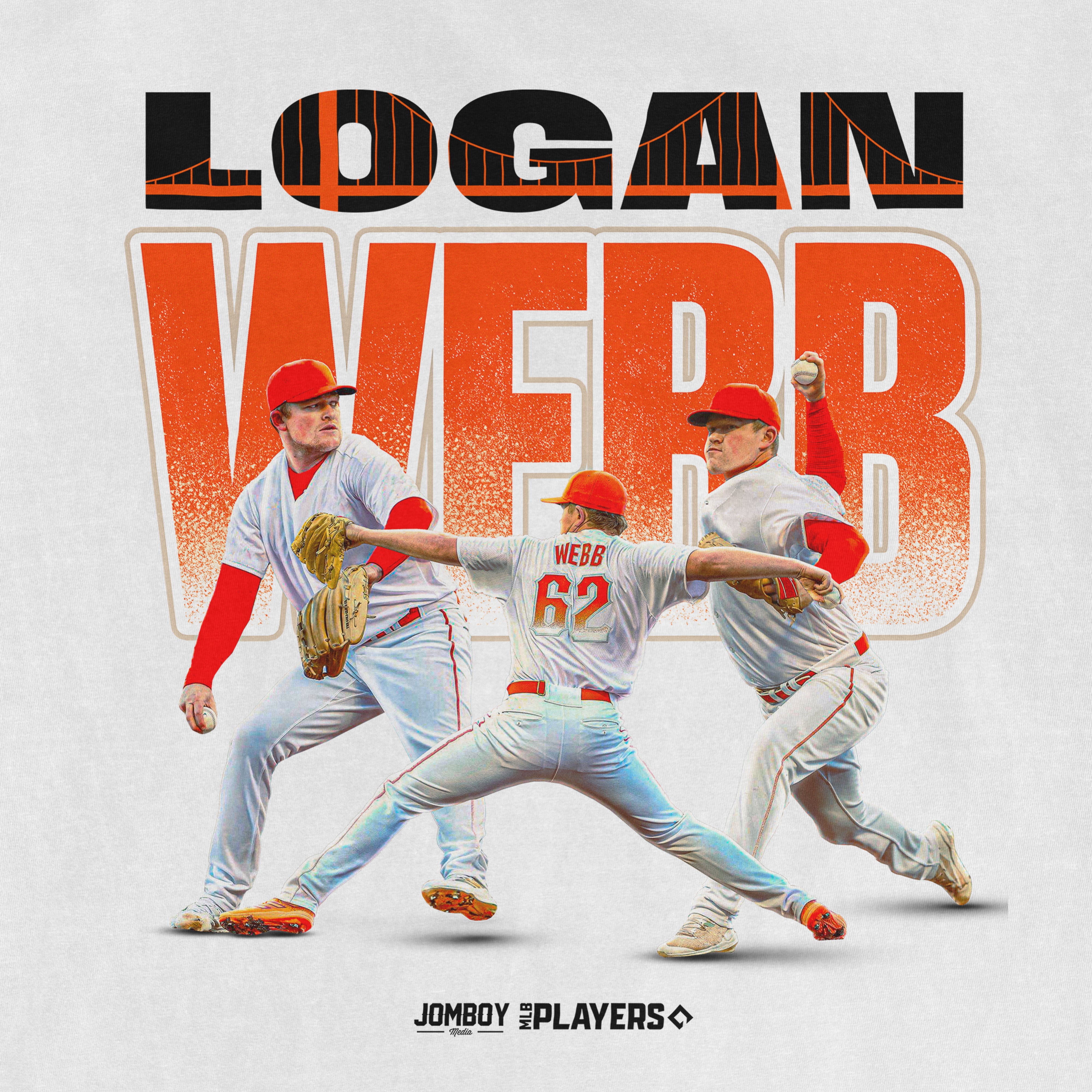 Comfort Colors tee featuring Logan Webb baseball graphic with dynamic poses and bold "Logan Webb" text in black and orange.