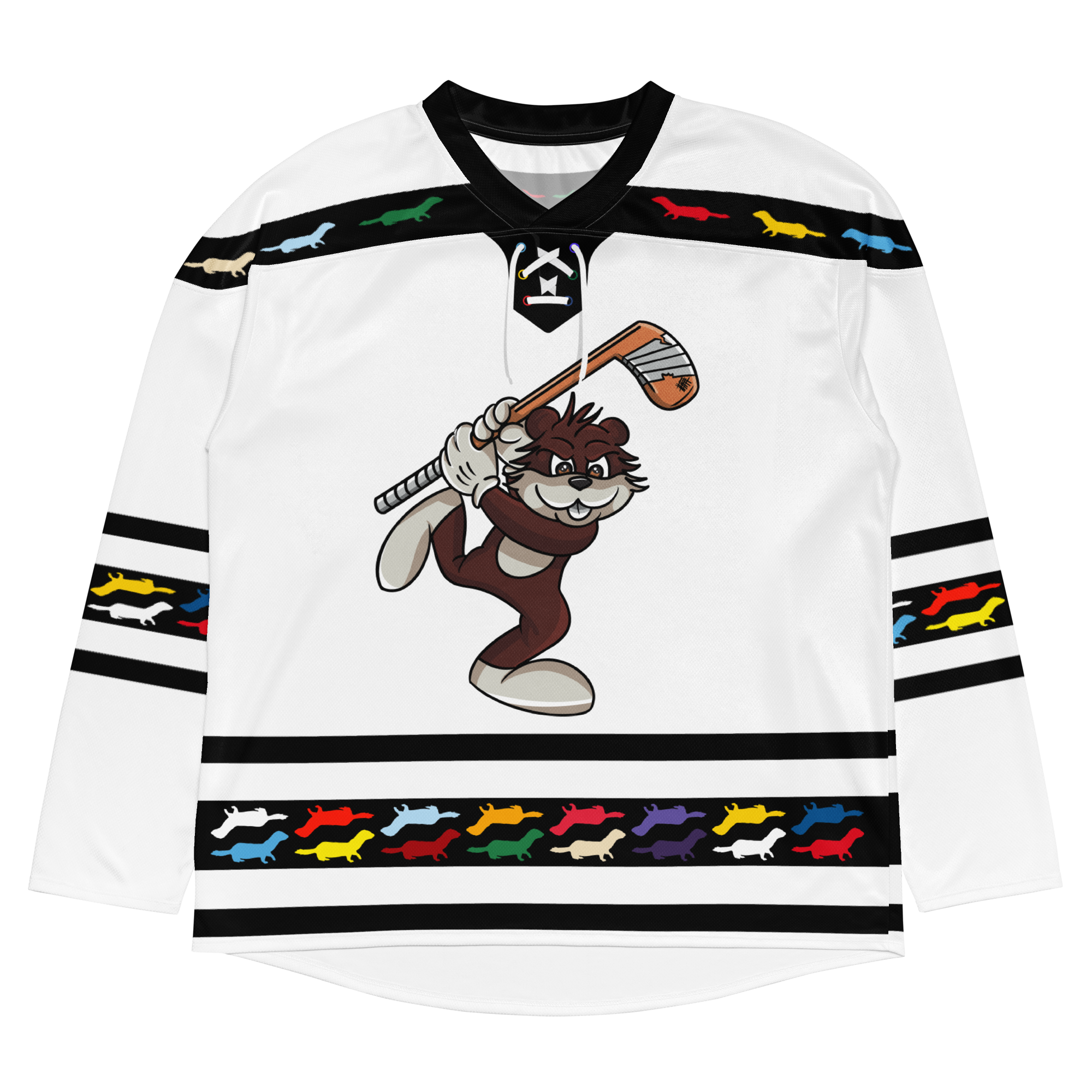 White floorball jersey featuring a cartoon character holding a stick, with colorful dog silhouettes along the hem.