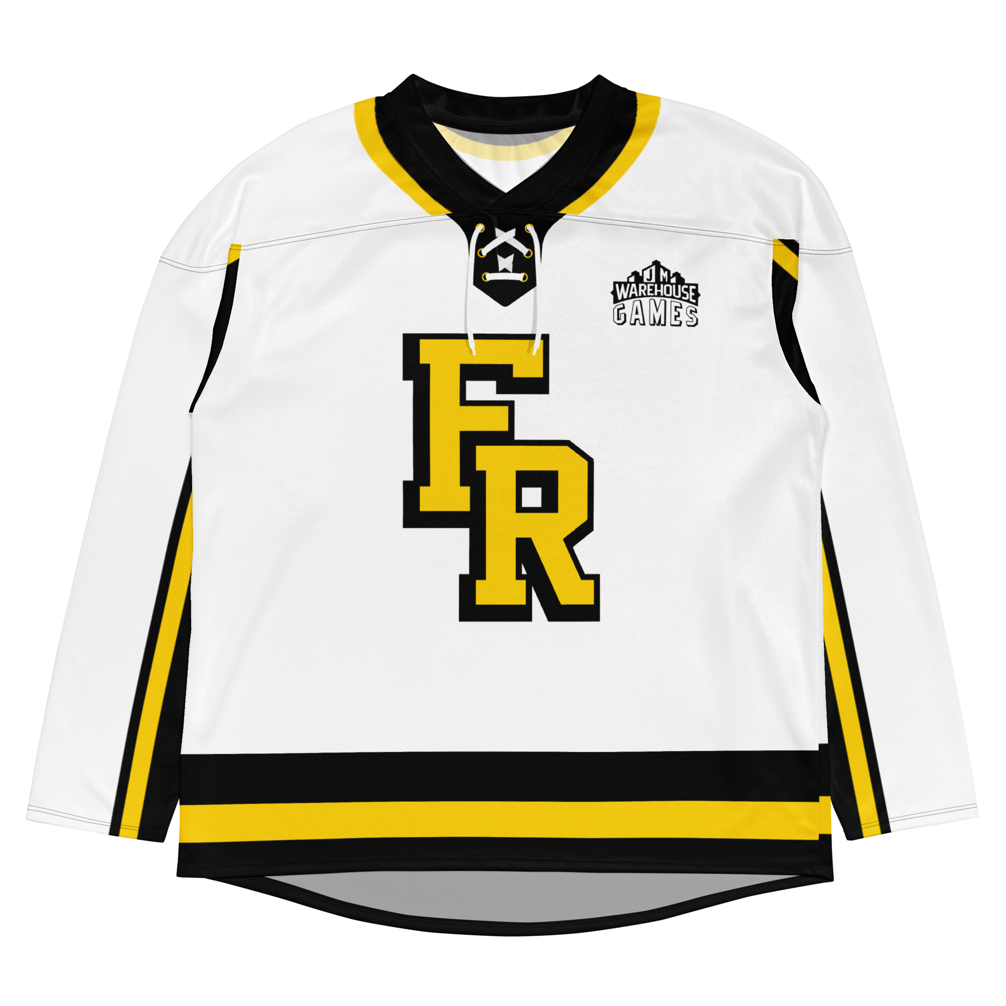 White floorball jersey featuring black and yellow accents, with "FR" logo and "Warehouse Games" emblem on the chest.