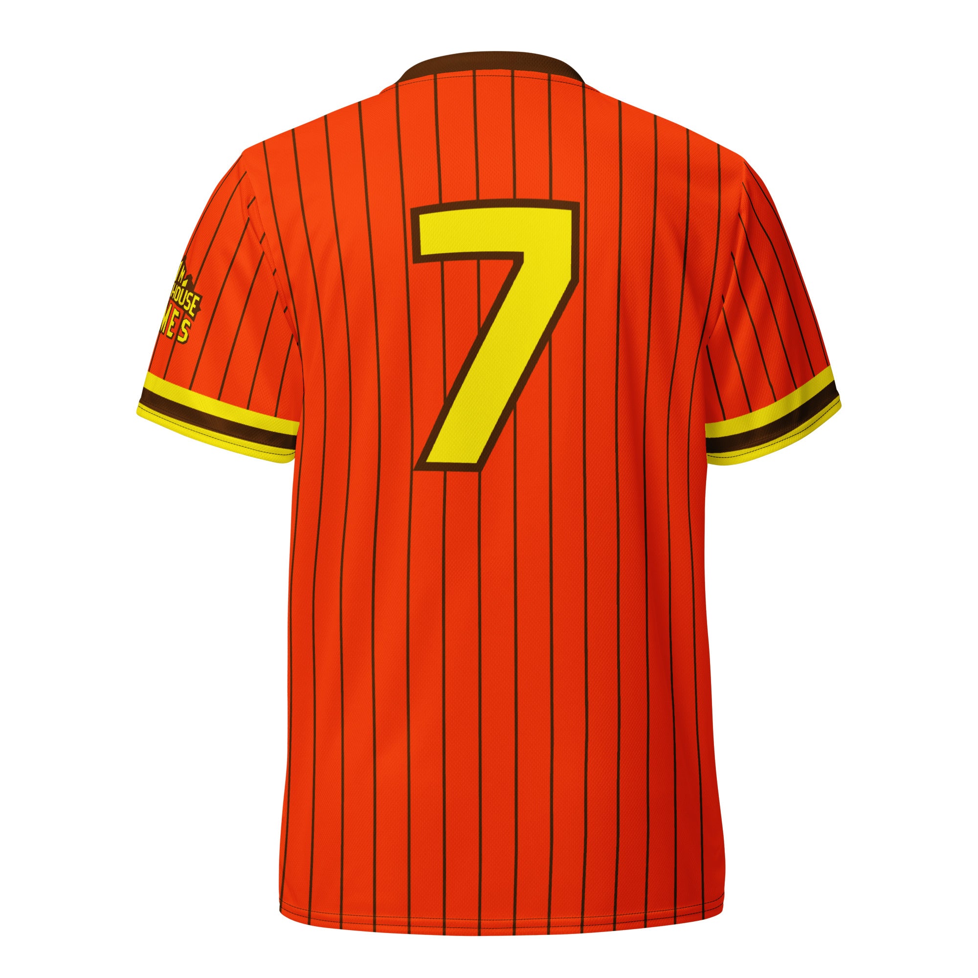 Back of an orange Blitzball Battle 5 jersey with black pinstripes, large yellow number 7, and yellow and black trim on sleeves.
